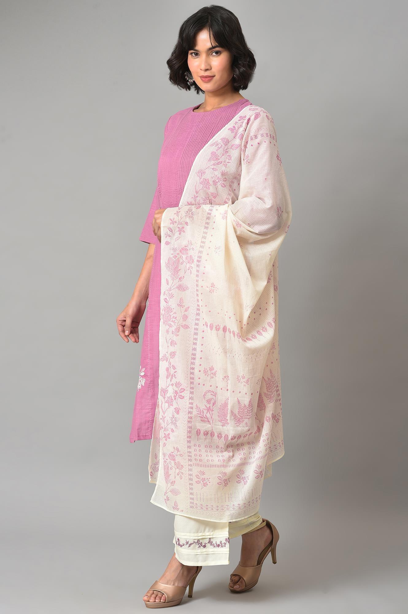 Liva Eco Pink Embroidered kurta With Off-White Pants And Dupatta Set - Image 3