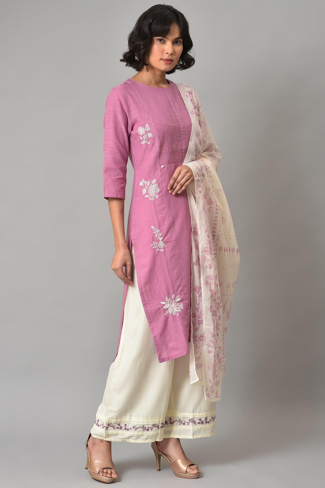 Liva Eco Pink Embroidered kurta With Off-White Pants And Dupatta Set - Image 4