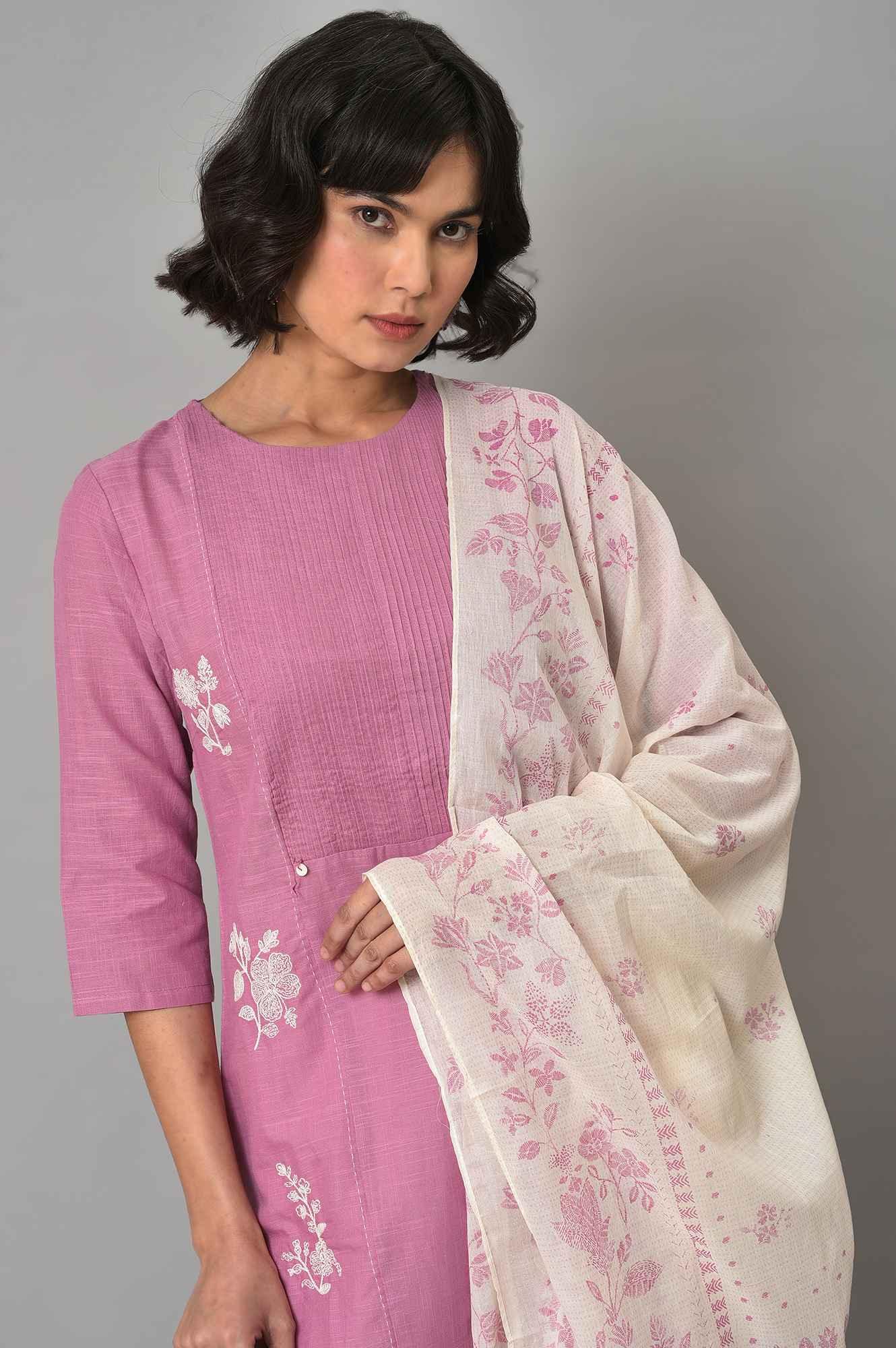 Liva Eco Pink Embroidered kurta With Off-White Pants And Dupatta Set - Image 5