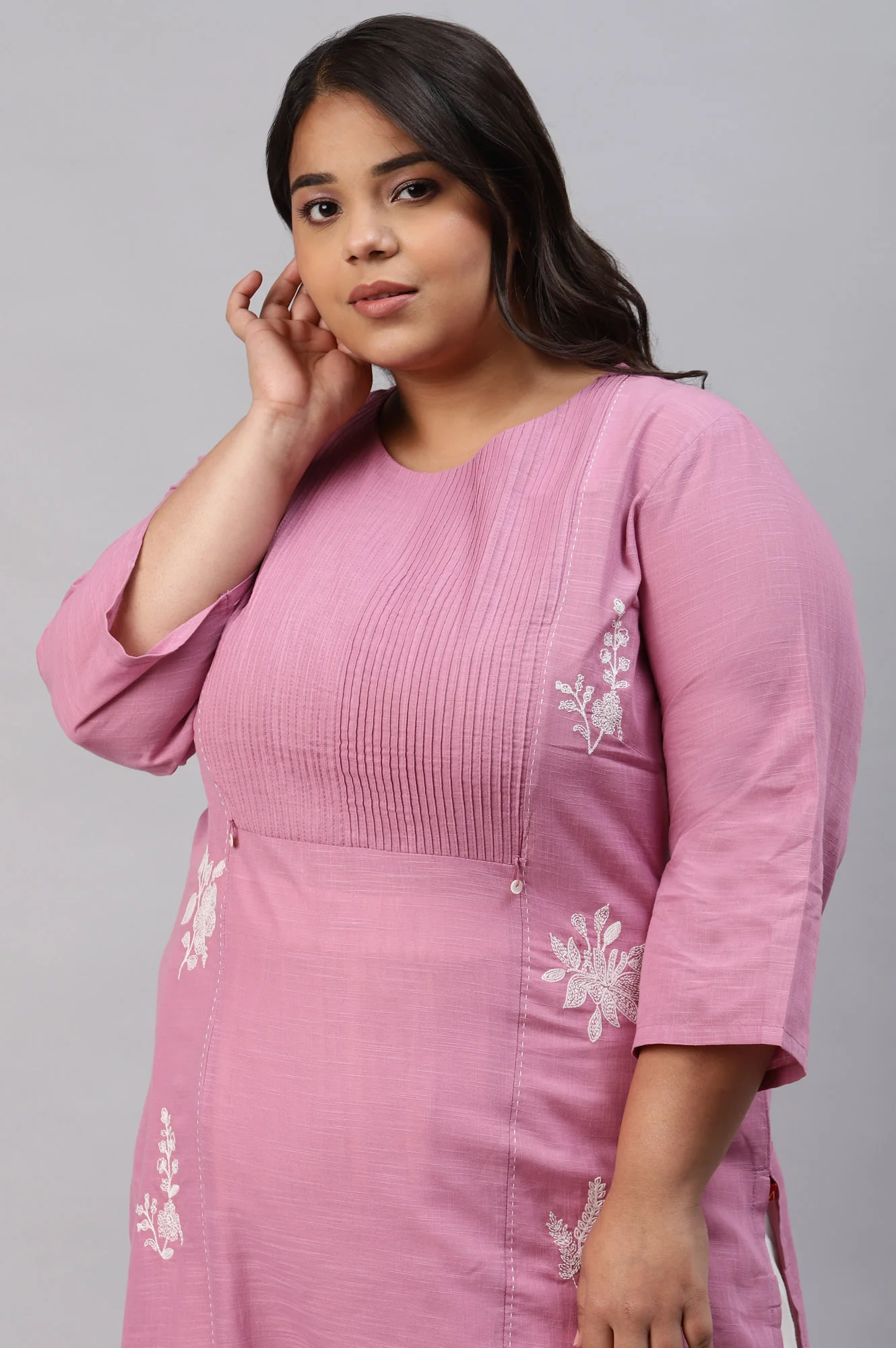 Liva Eco Plus Size Pink Embroidered kurta Off-White Pants And Dupatta Set - Image 5