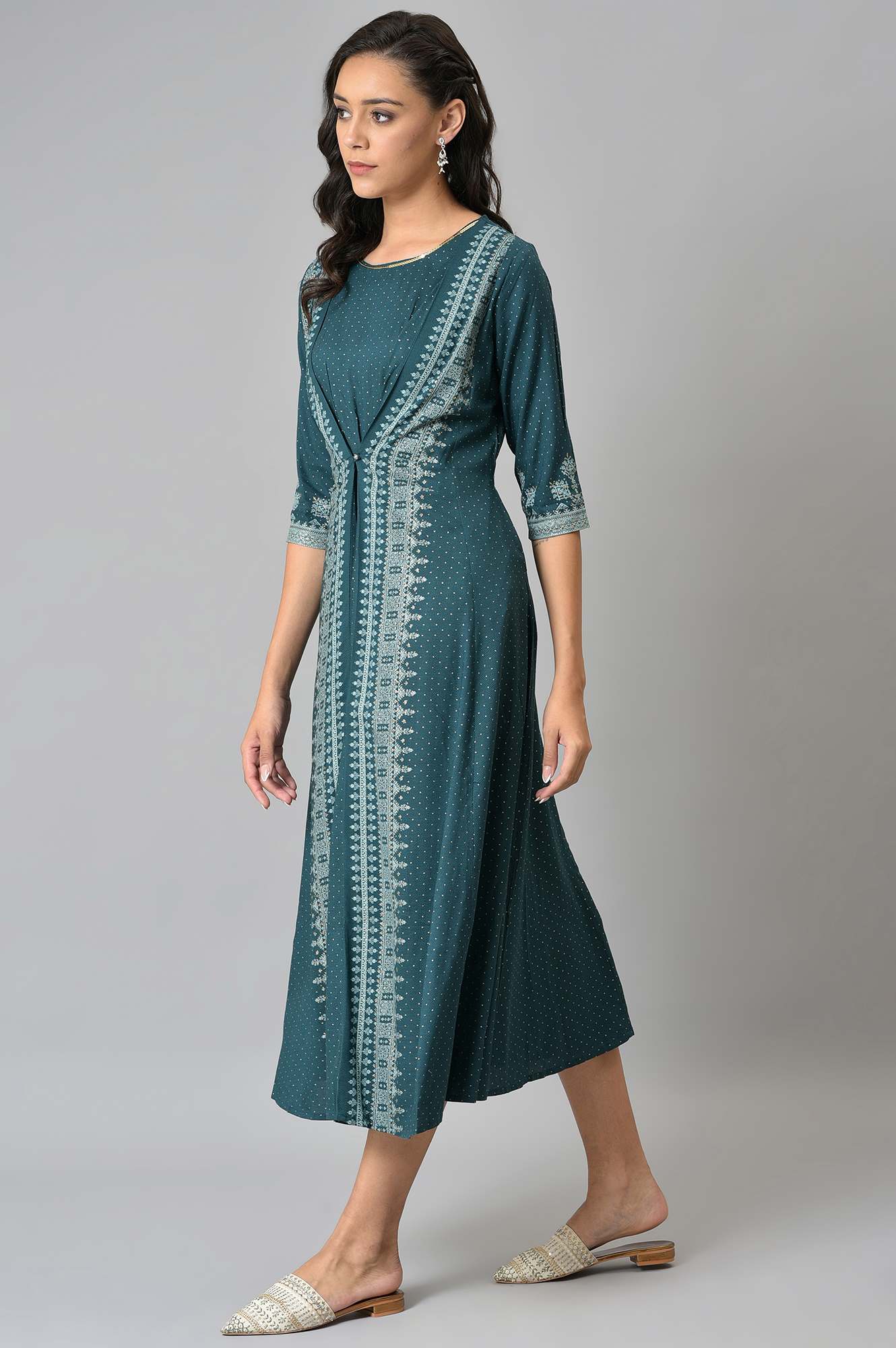 Liva Eco Teal Printed Flared Mock Layered Kimono Jumpsuit - Image 4