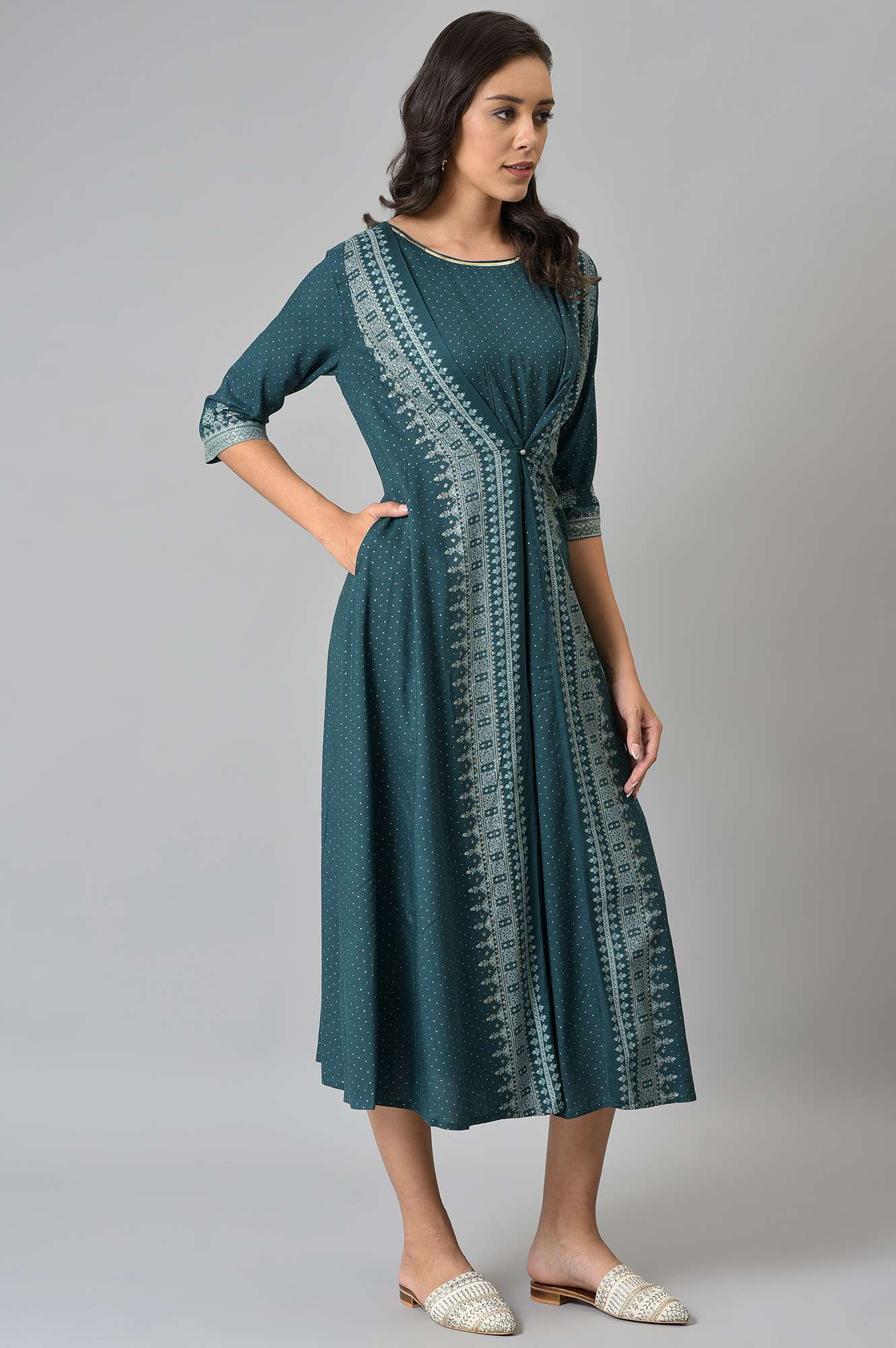 Liva Eco Teal Printed Flared Mock Layered Kimono Jumpsuit - Image 5