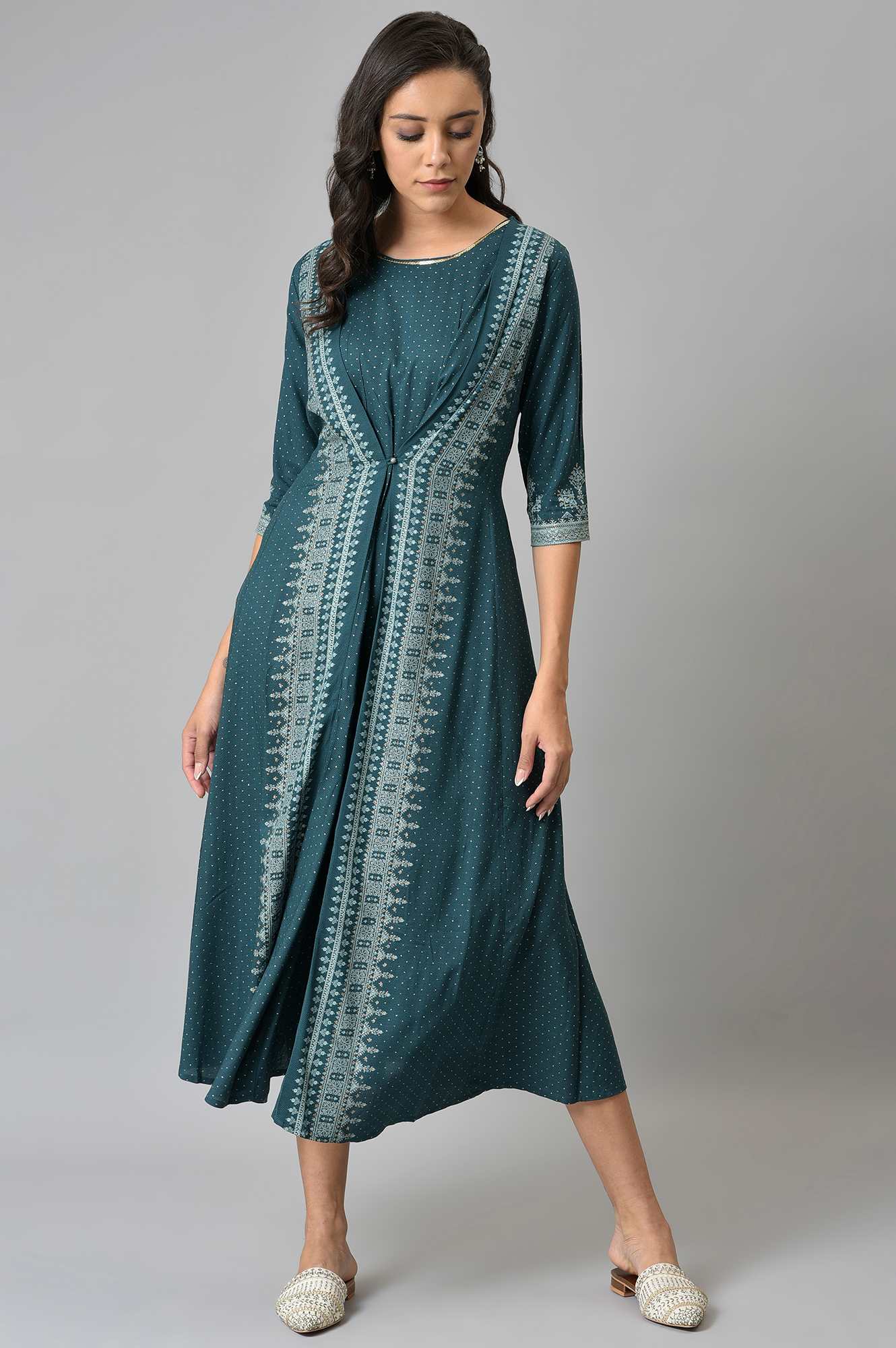 Liva Eco Teal Printed Flared Mock Layered Kimono Jumpsuit - Image 6