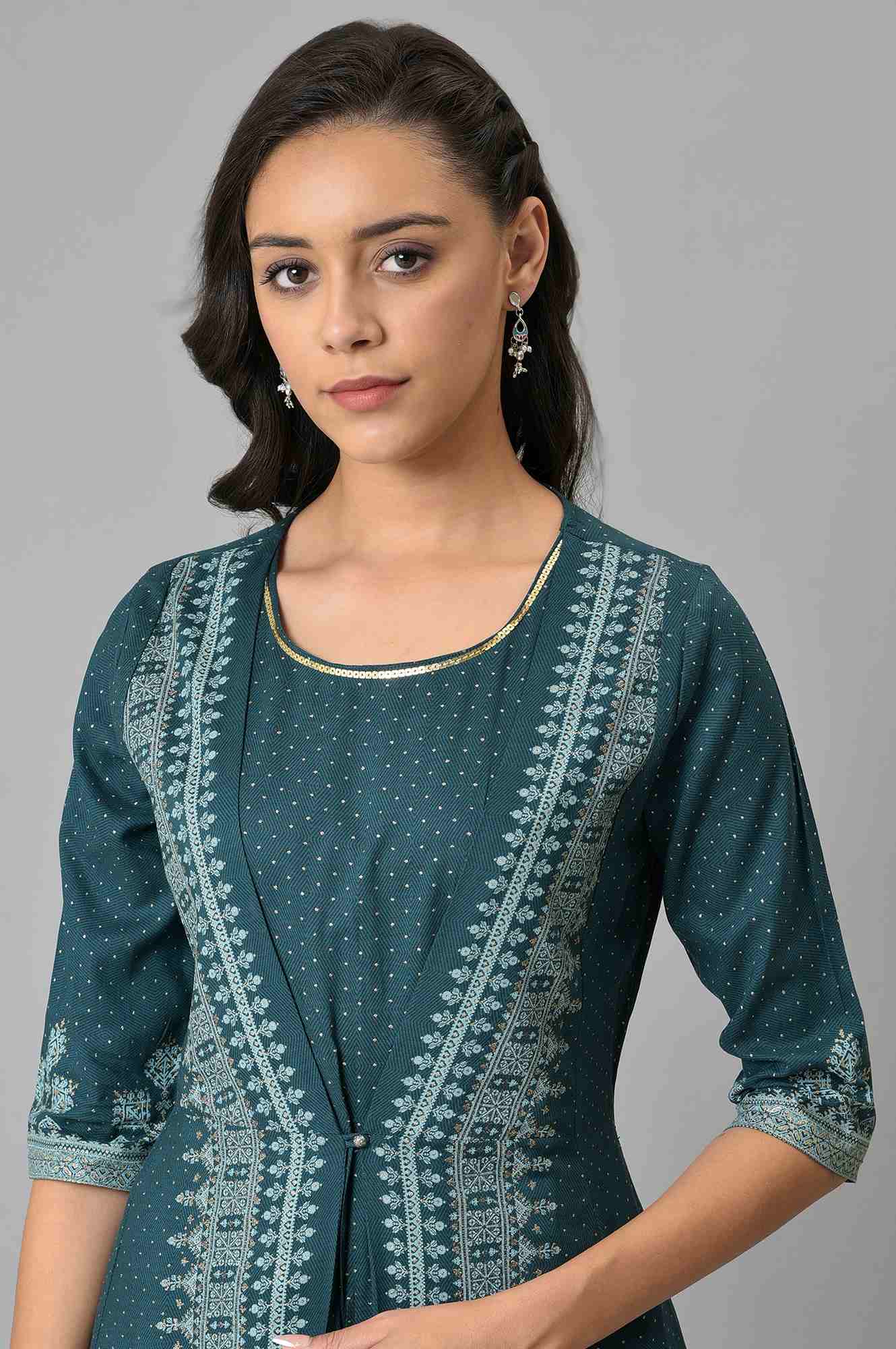 Liva Eco Teal Printed Flared Mock Layered Kimono Jumpsuit - Image 7