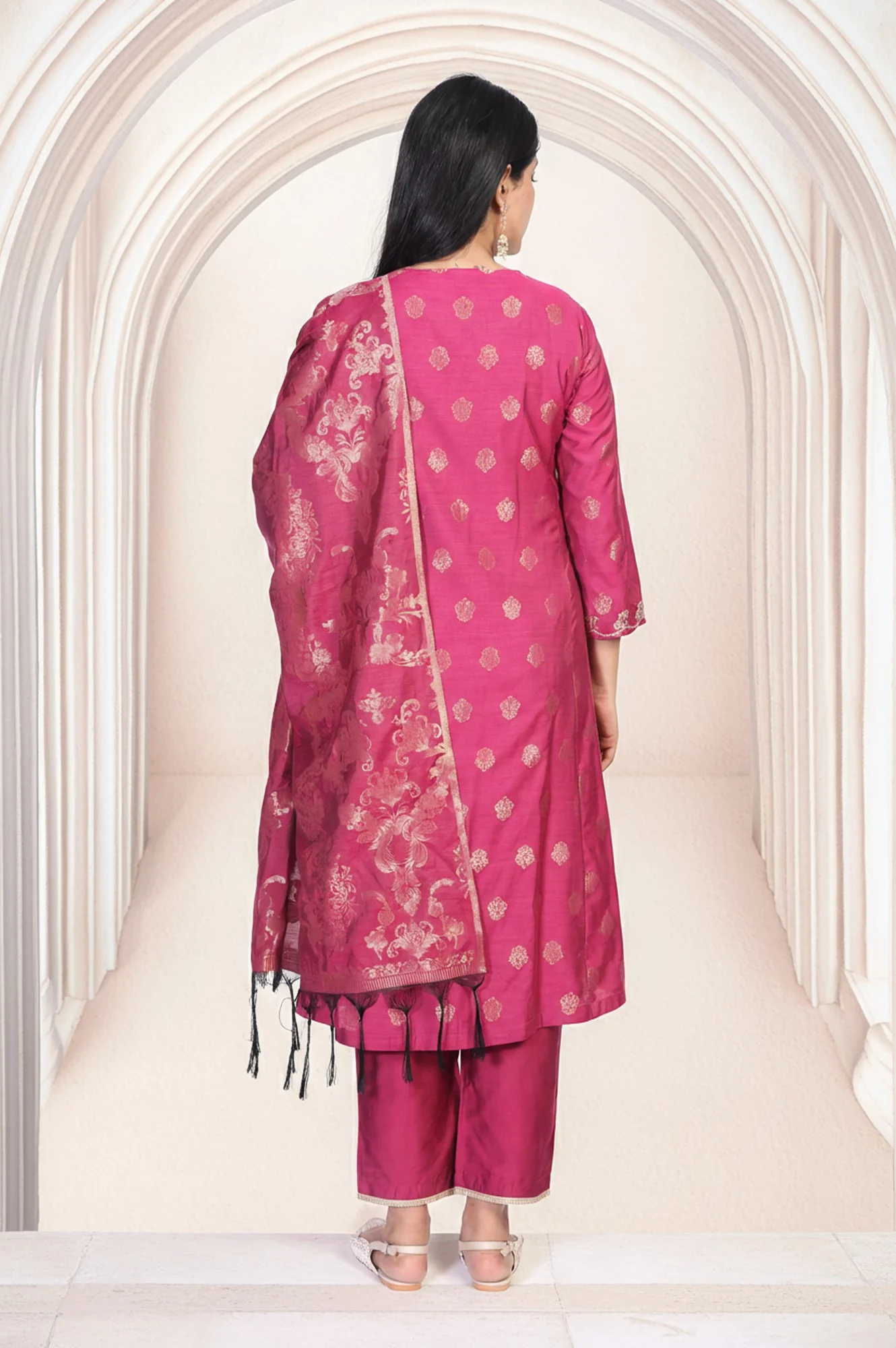 Magenta Embroidered Jacquard A-Line Kurta with Straight Pant and Dupatta Set - Image 5