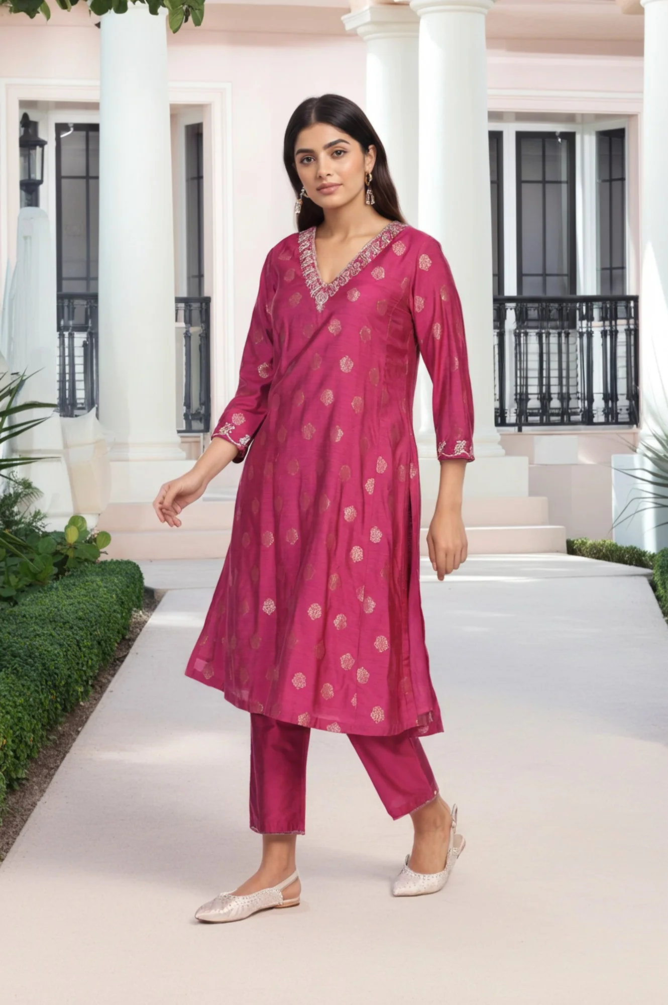 Magenta Embroidered Jacquard A-Line Kurta with Straight Pant and Dupatta Set - Image 6