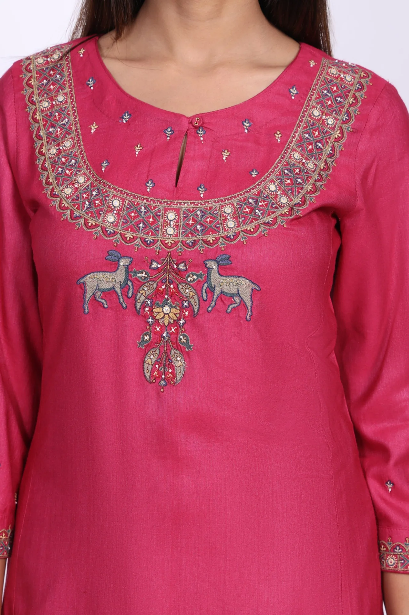 Magenta Mirror Embroidered Tussar Silk Straight Kurta - Image 2
