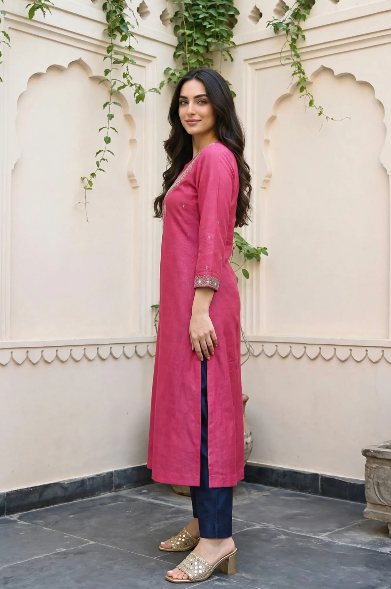 Magenta Mirror Embroidered Tussar Silk Straight Kurta - Image 3