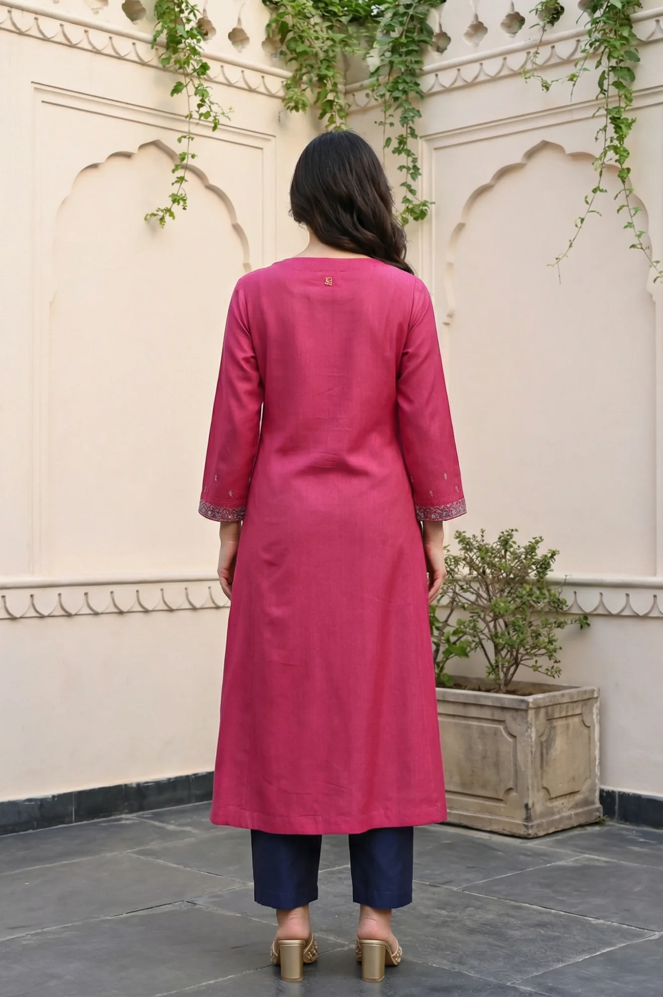 Magenta Mirror Embroidered Tussar Silk Straight Kurta - Image 4