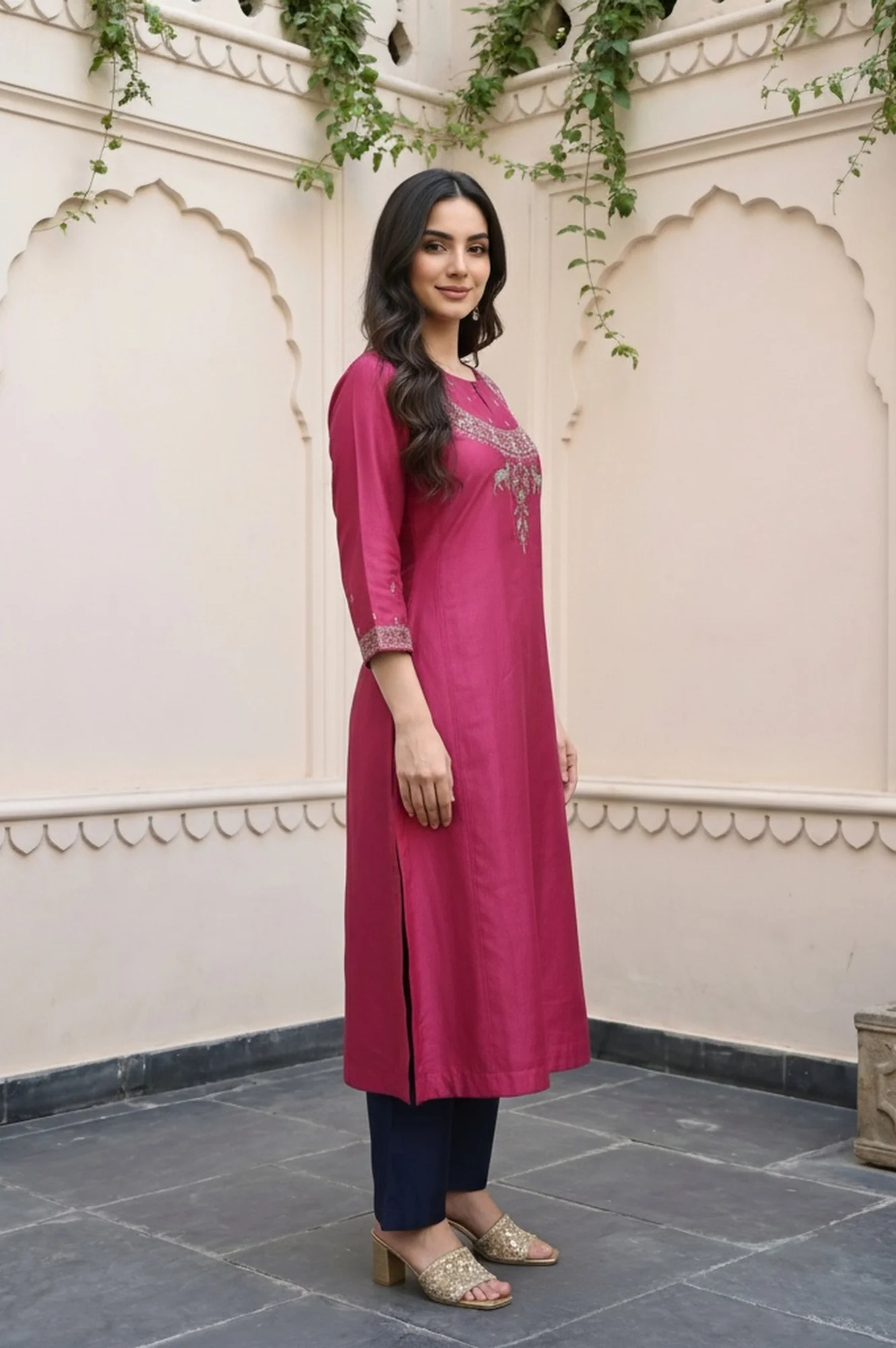 Magenta Mirror Embroidered Tussar Silk Straight Kurta - Image 5