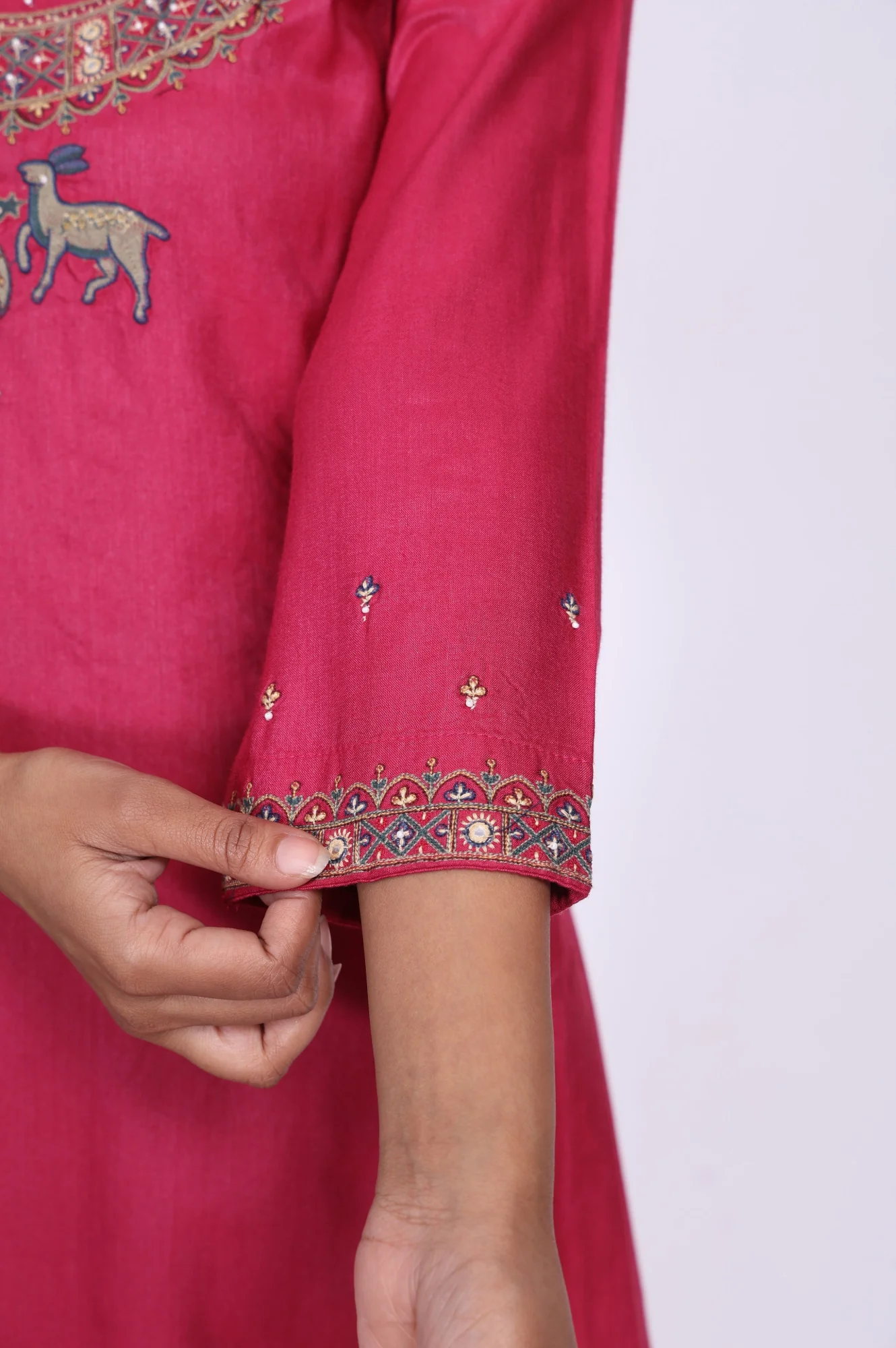 Magenta Mirror Embroidered Tussar Silk Straight Kurta - Image 6