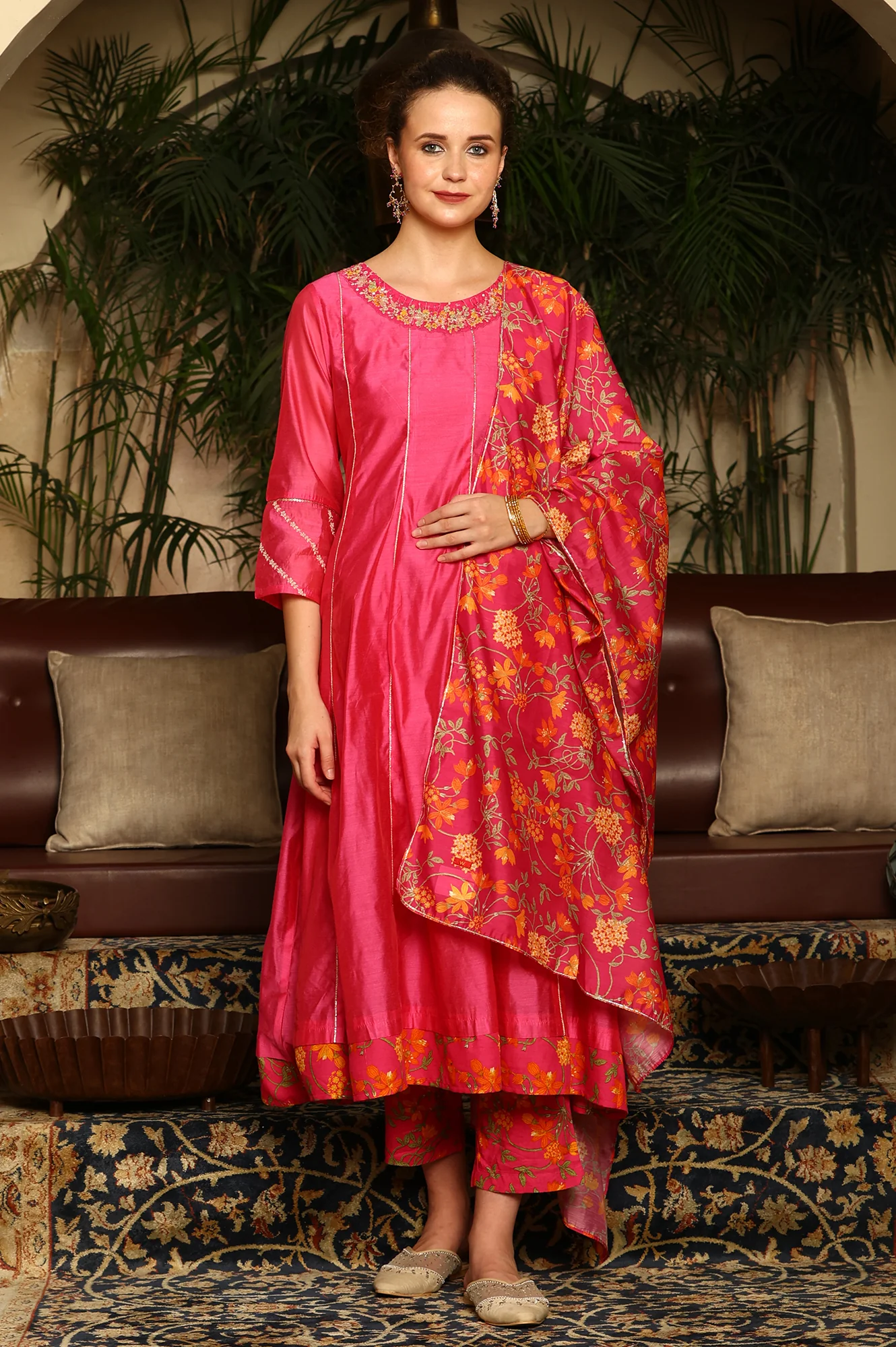 Magenta Pink Chanderi Dori Embroidered Anarkali Kurta, Pants And Dupatta Set - Image 2