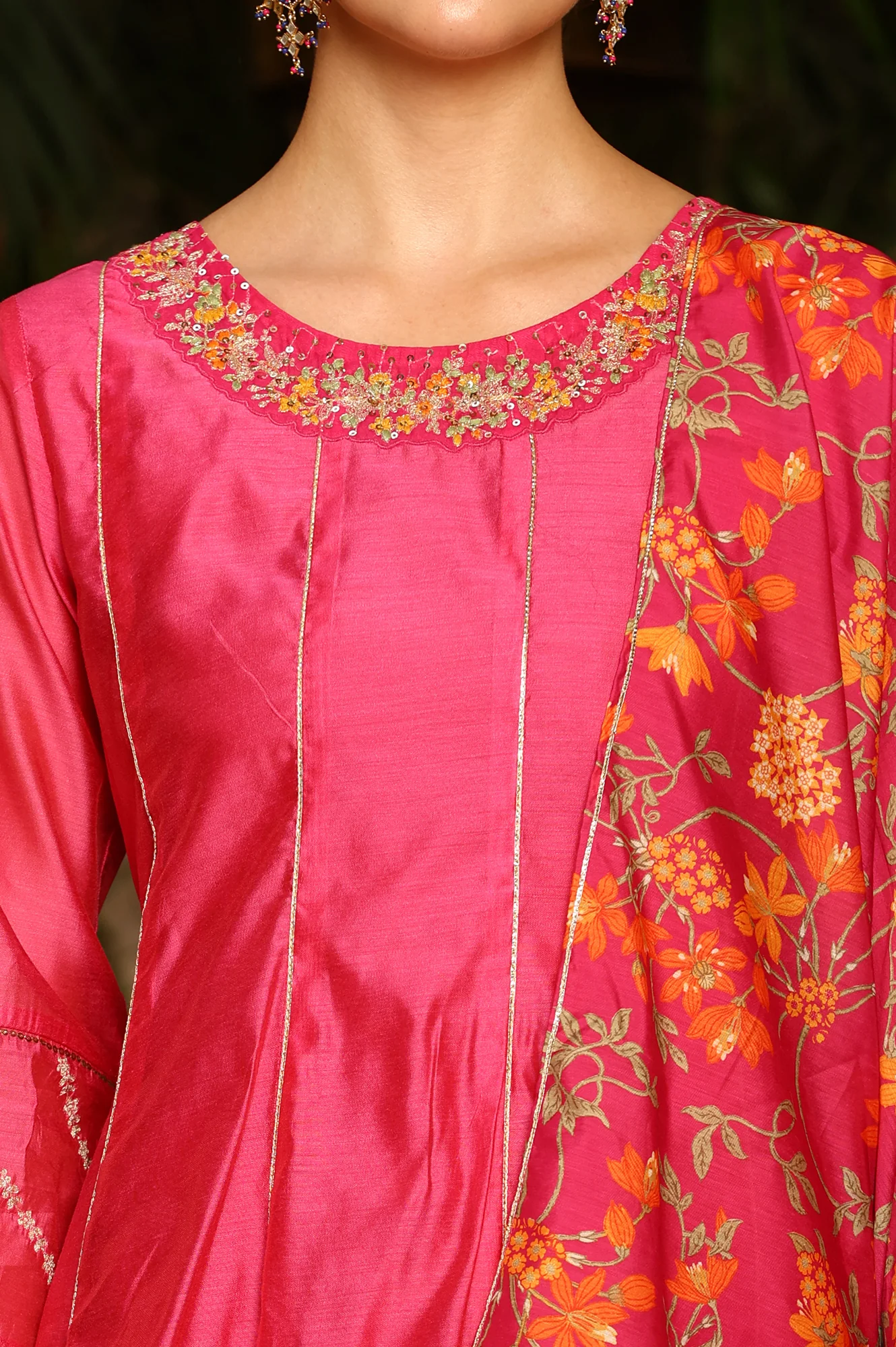 Magenta Pink Chanderi Dori Embroidered Anarkali Kurta, Pants And Dupatta Set - Image 3