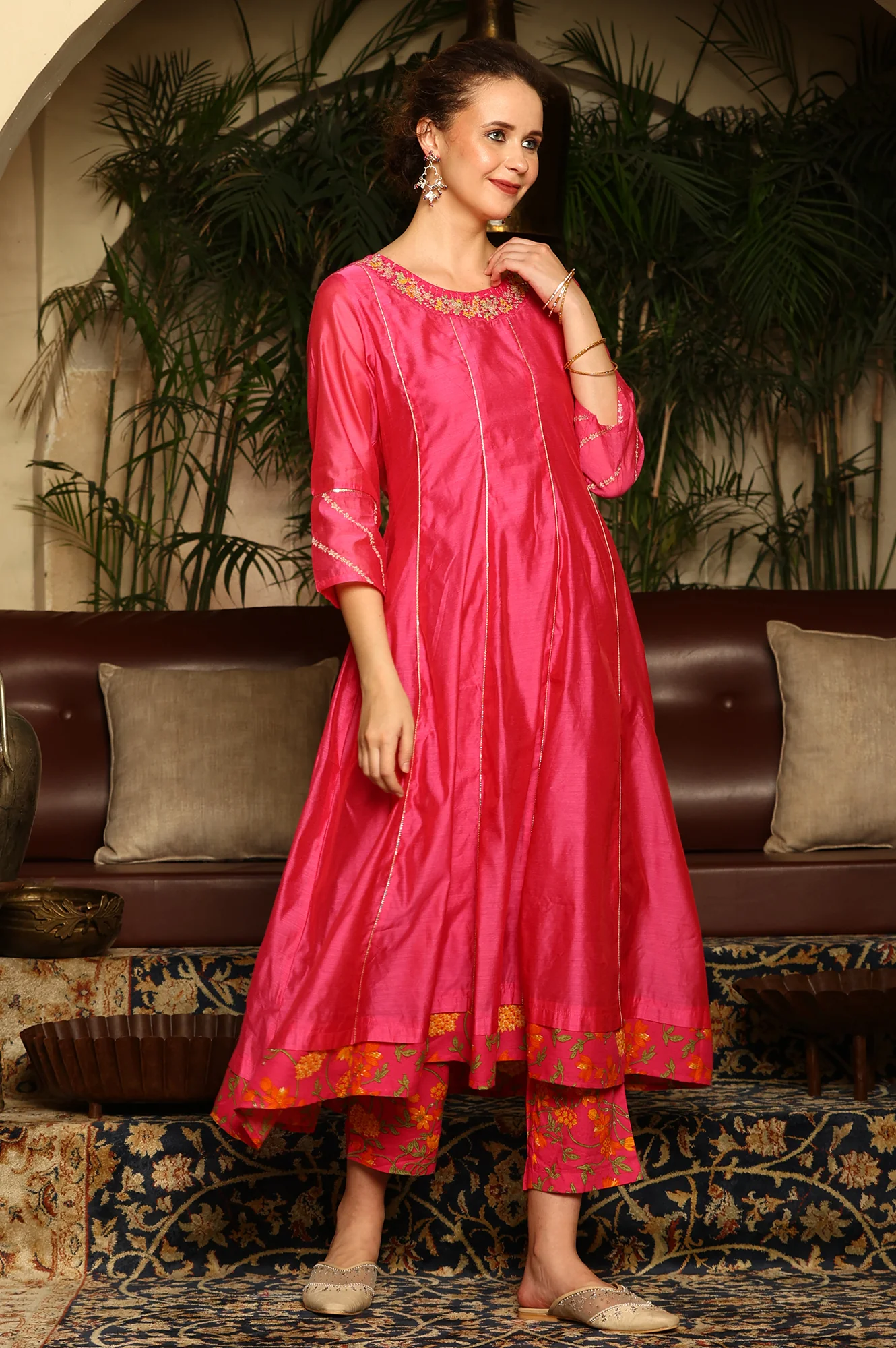 Magenta Pink Chanderi Dori Embroidered Anarkali Kurta, Pants And Dupatta Set - Image 4