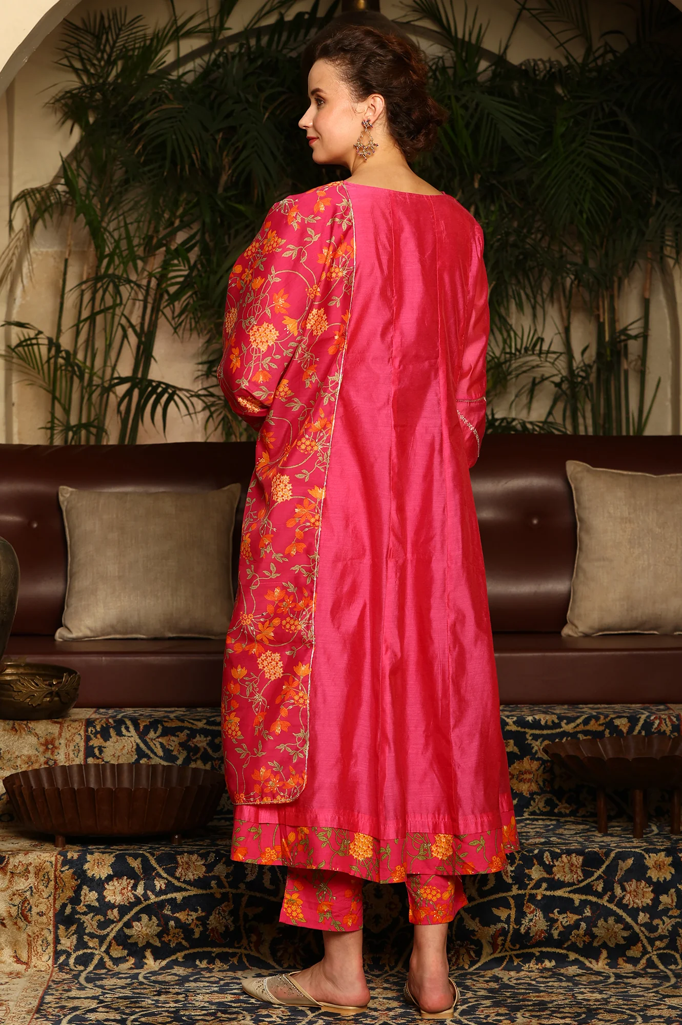 Magenta Pink Chanderi Dori Embroidered Anarkali Kurta, Pants And Dupatta Set - Image 5