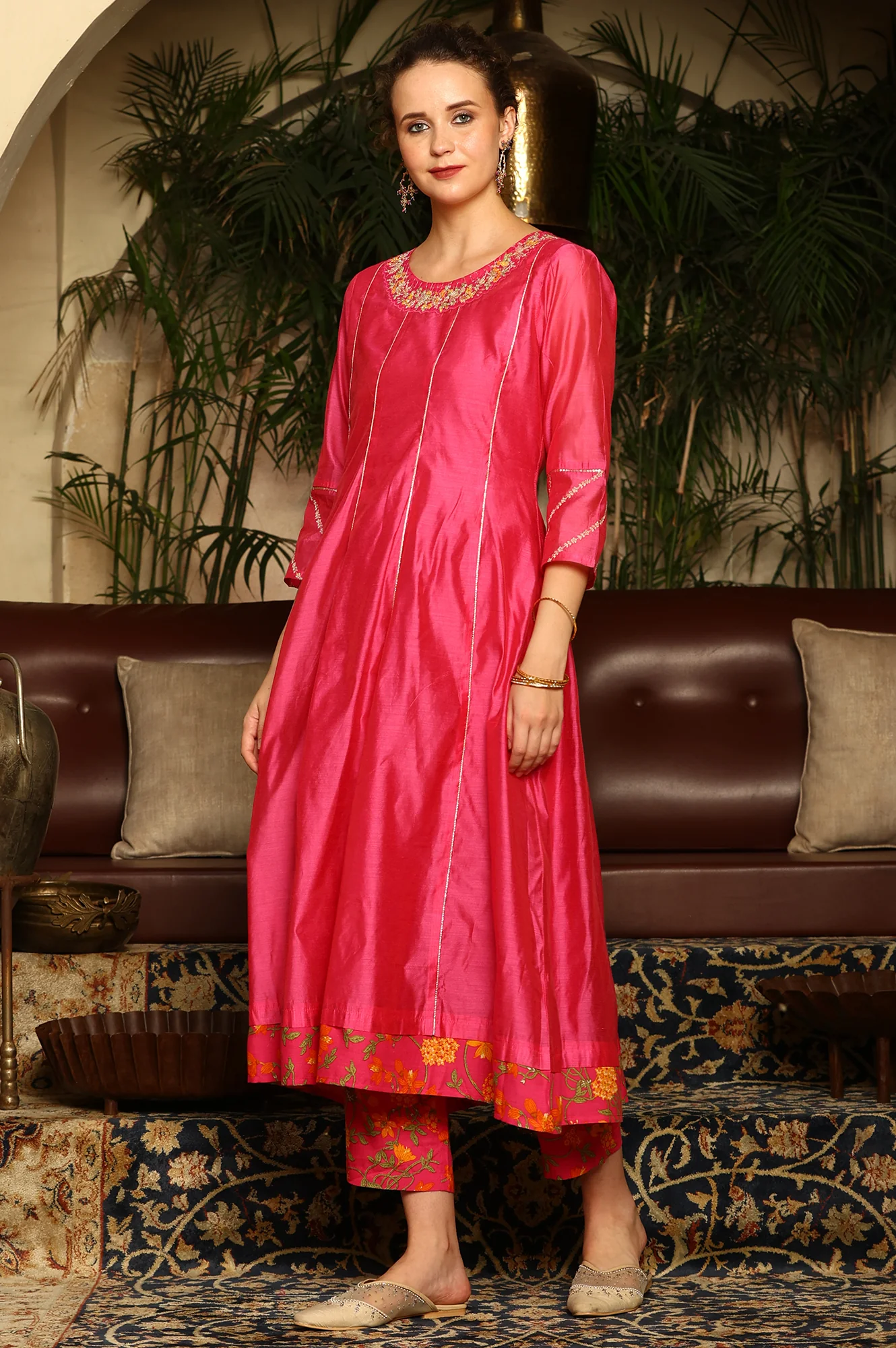 Magenta Pink Chanderi Dori Embroidered Anarkali Kurta, Pants And Dupatta Set - Image 6