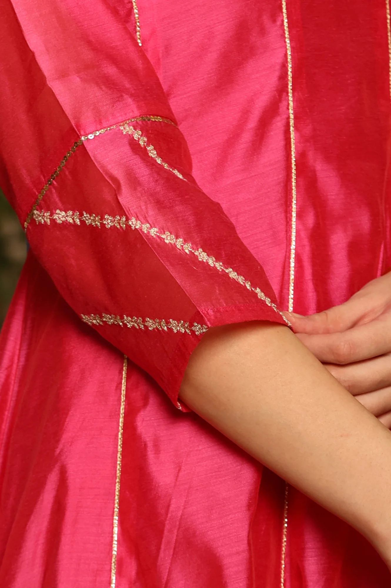 Magenta Pink Chanderi Dori Embroidered Anarkali Kurta, Pants And Dupatta Set - Image 7