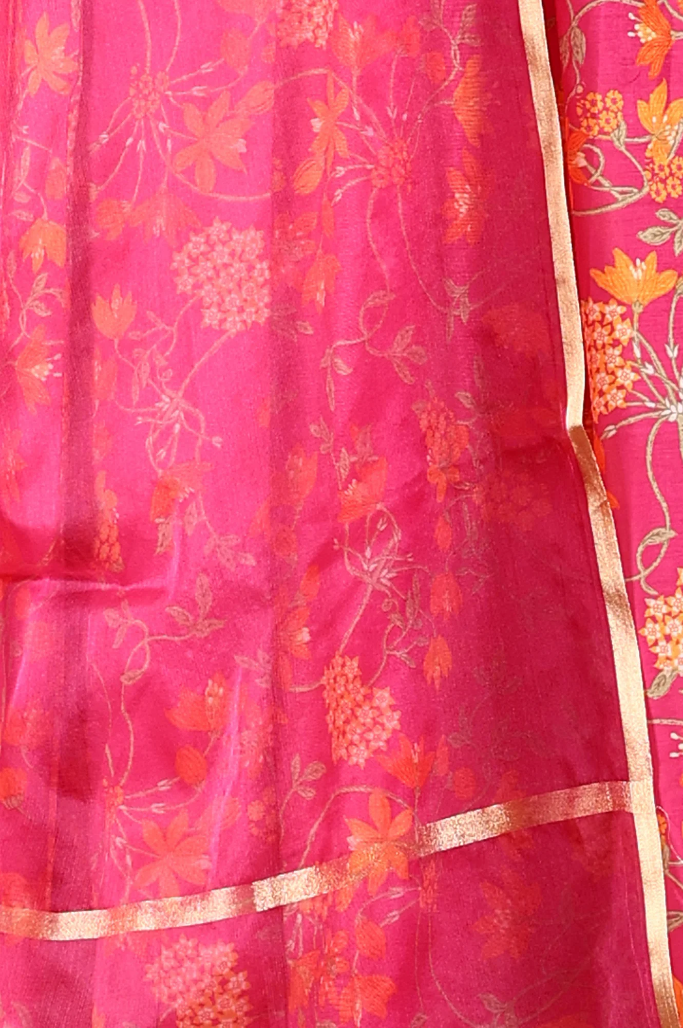 Magenta Pink Floral Printed Kalidar Flared Chanderi Kurta & Pants Set With Dupatta - Image 10