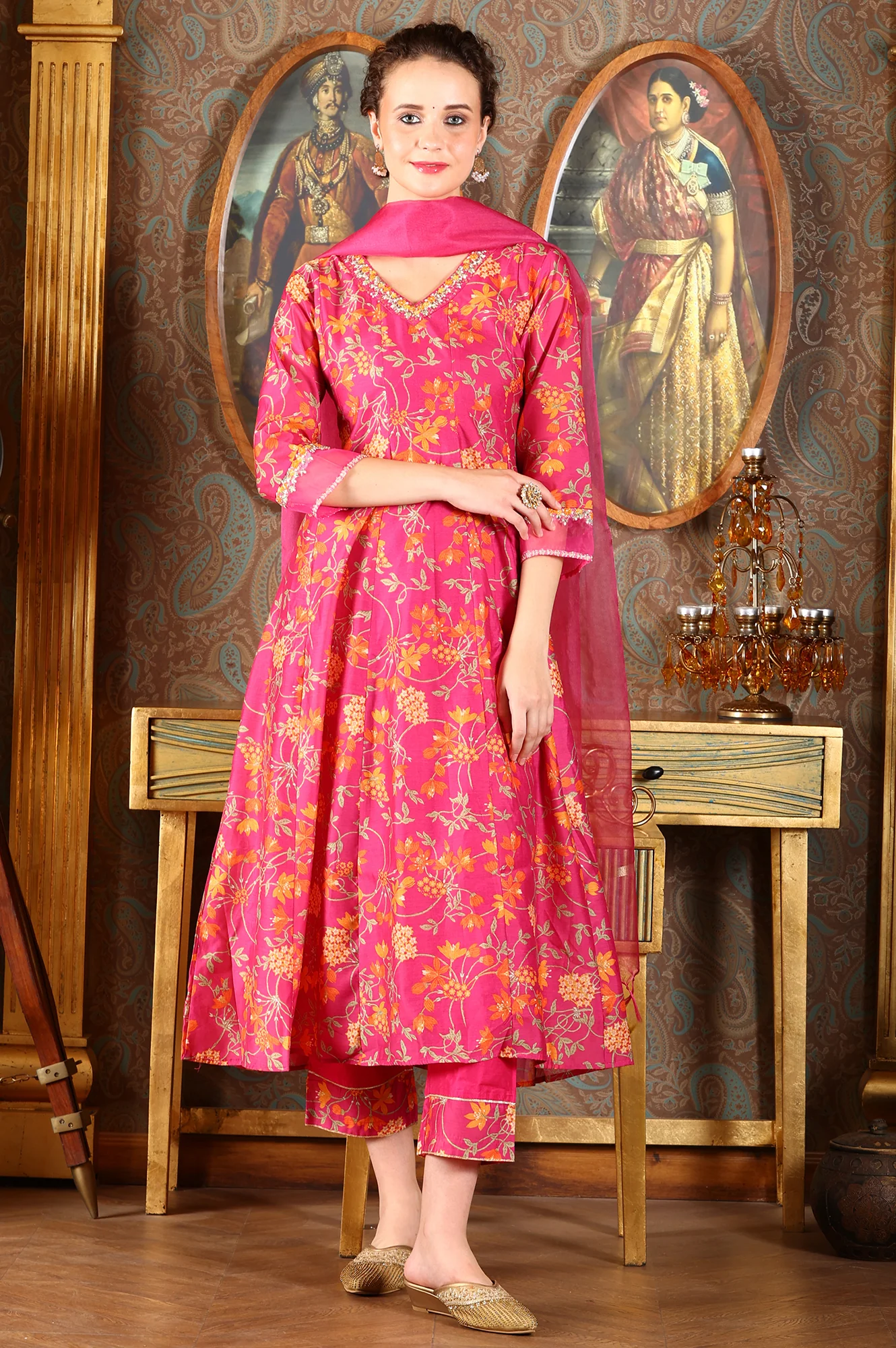 Magenta Pink Floral Printed Kalidar Flared Chanderi Kurta & Pants Set With Dupatta - Image 2