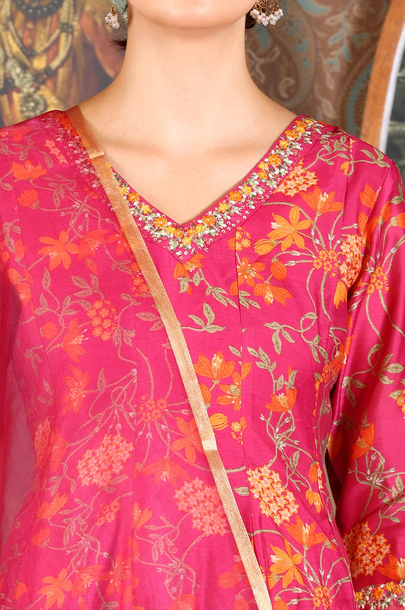 Magenta Pink Floral Printed Kalidar Flared Chanderi Kurta & Pants Set With Dupatta - Image 3
