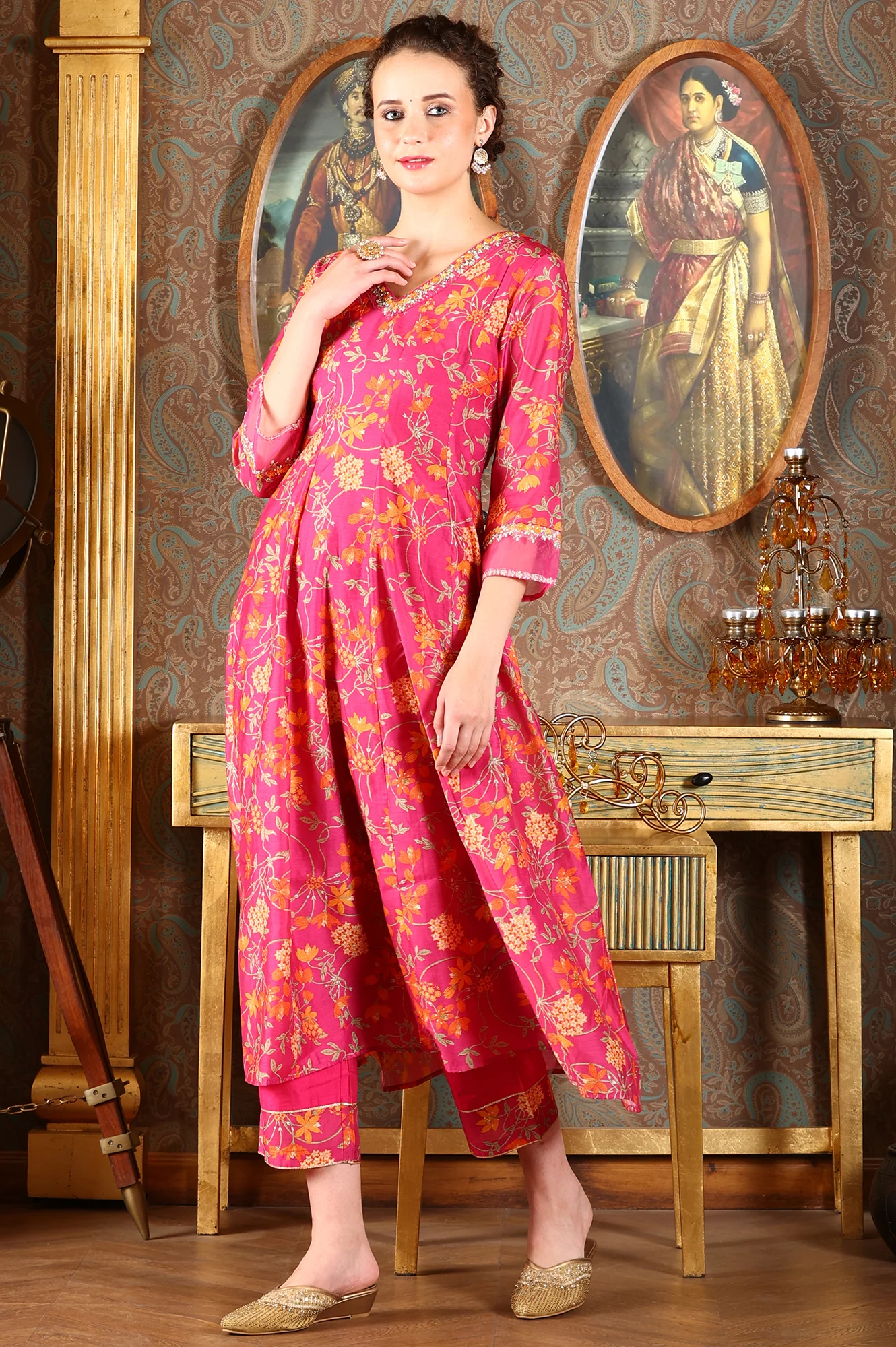 Magenta Pink Floral Printed Kalidar Flared Chanderi Kurta & Pants Set With Dupatta - Image 4