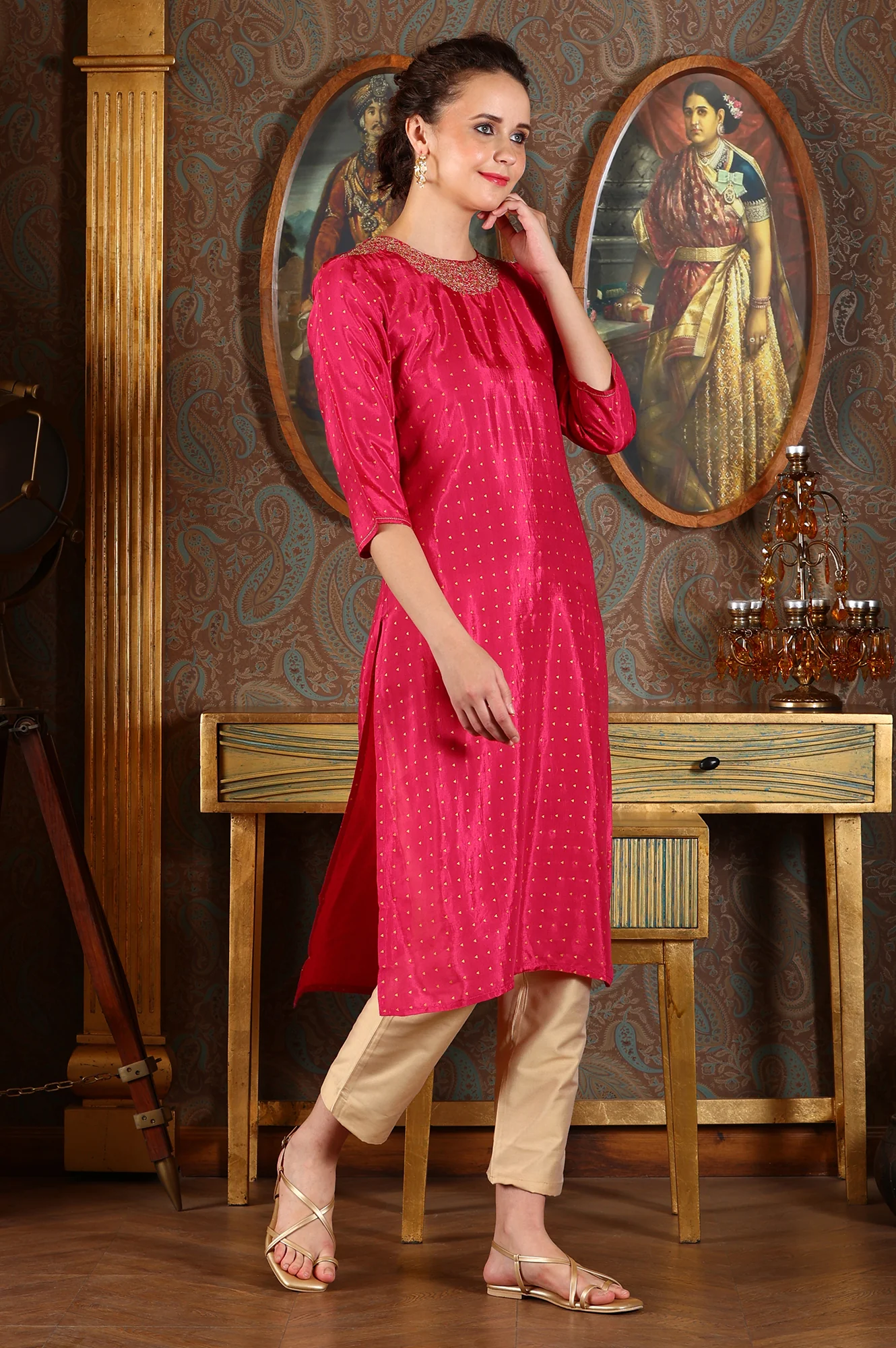 Magenta Pink Glitter Dot Printed Straight Shantung Kurta With Embroidered Neck - Image 6