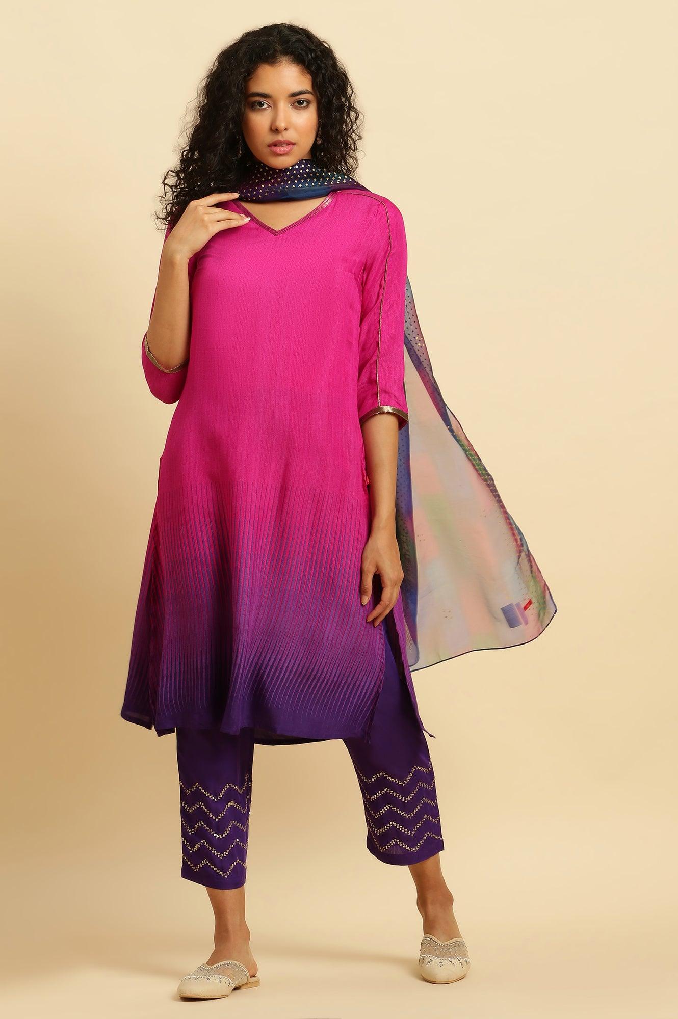 Magenta Pink Ombre A-Line Kurta, Pants And Dupatta Set - Image 3