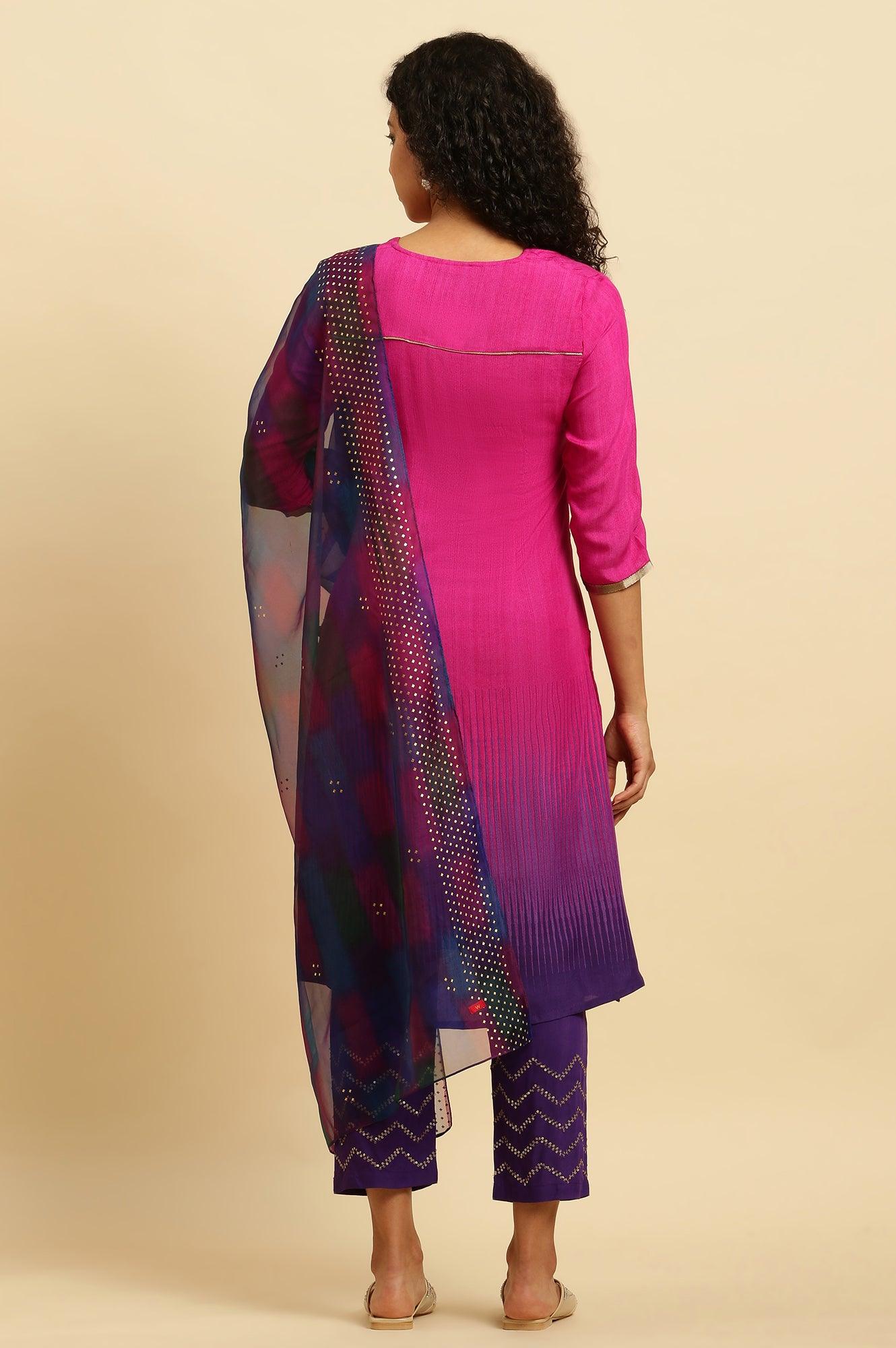 Magenta Pink Ombre A-Line Kurta, Pants And Dupatta Set - Image 4