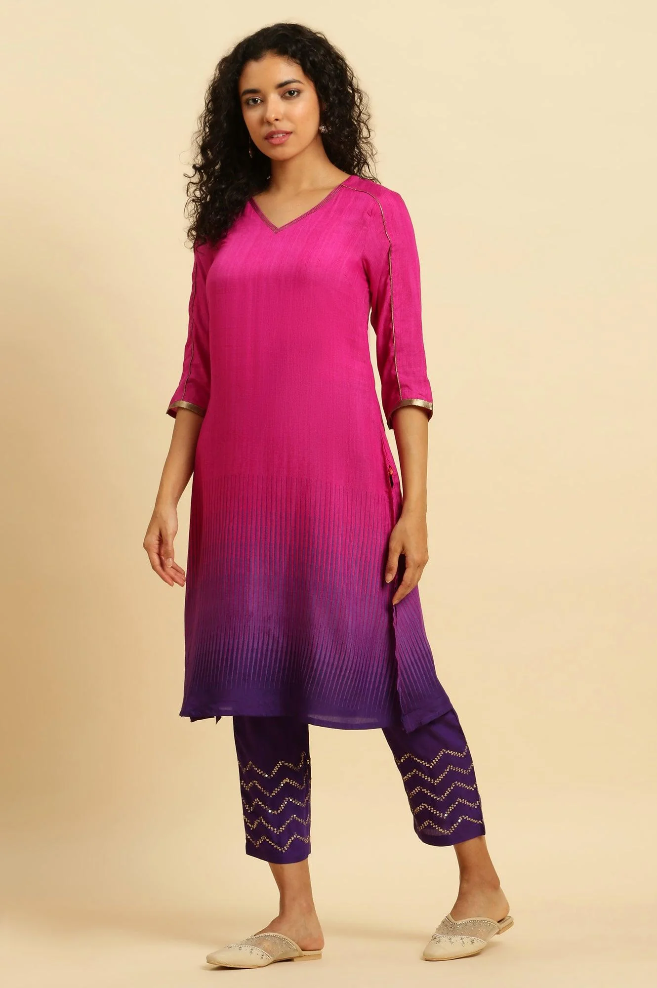 Magenta Pink Ombre A-Line Kurta, Pants And Dupatta Set - Image 5