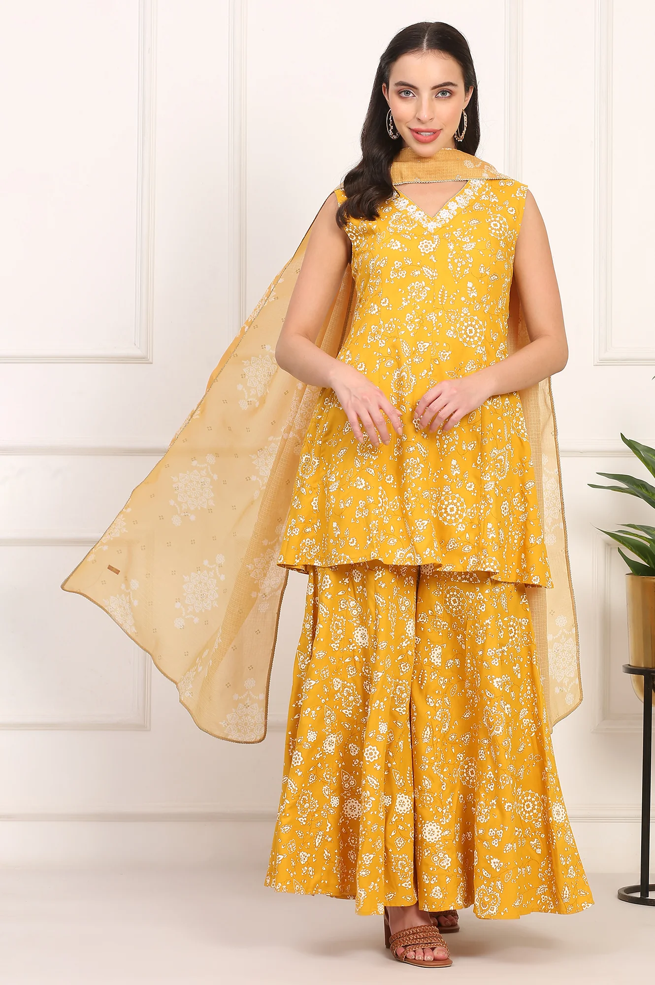 Mango Yellow Floral Printed Embroidered Neck Flared Kurta, Sharara and Dupatta Set - Image 2