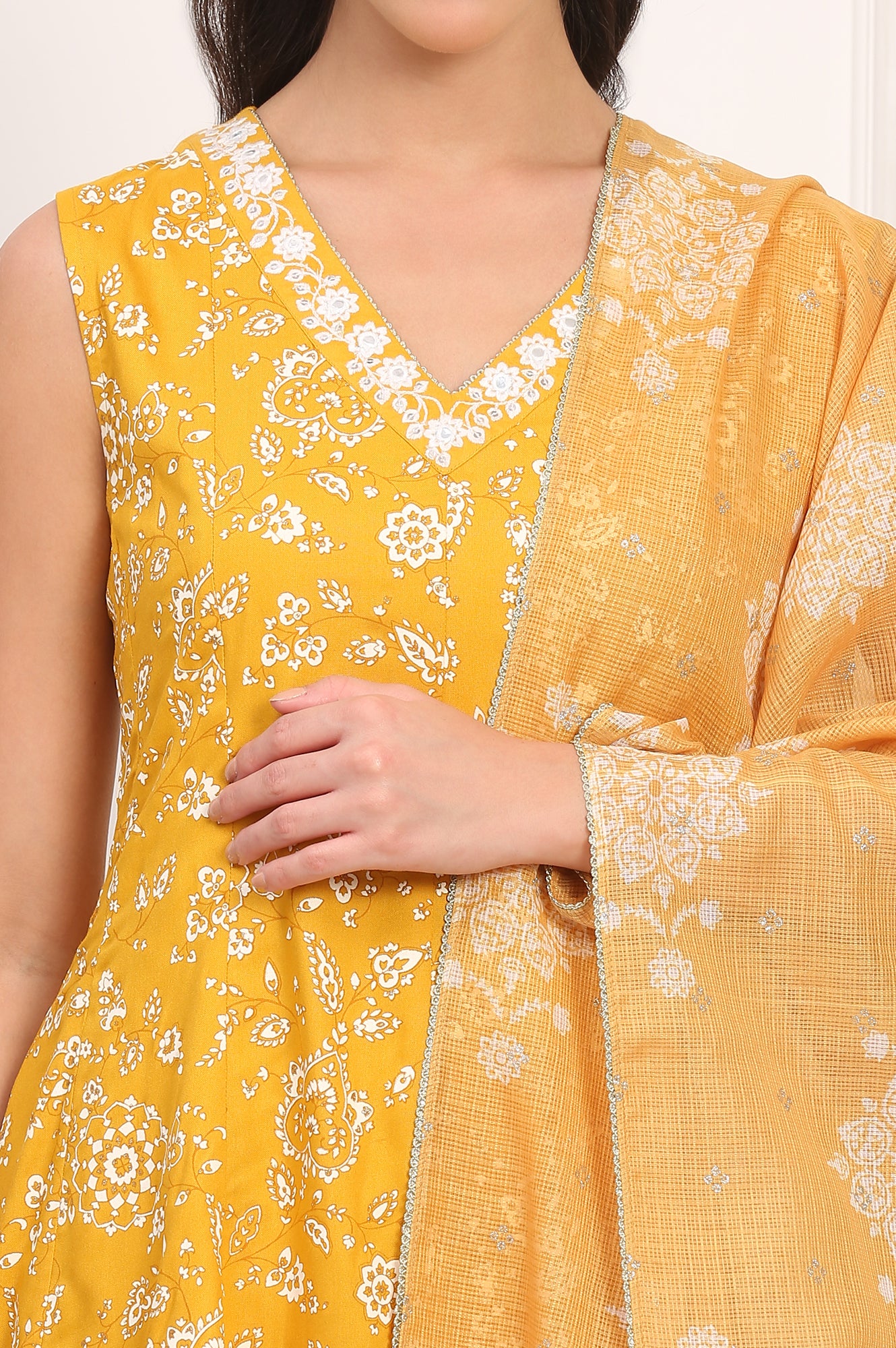 Mango Yellow Floral Printed Embroidered Neck Flared Kurta, Sharara and Dupatta Set - Image 3