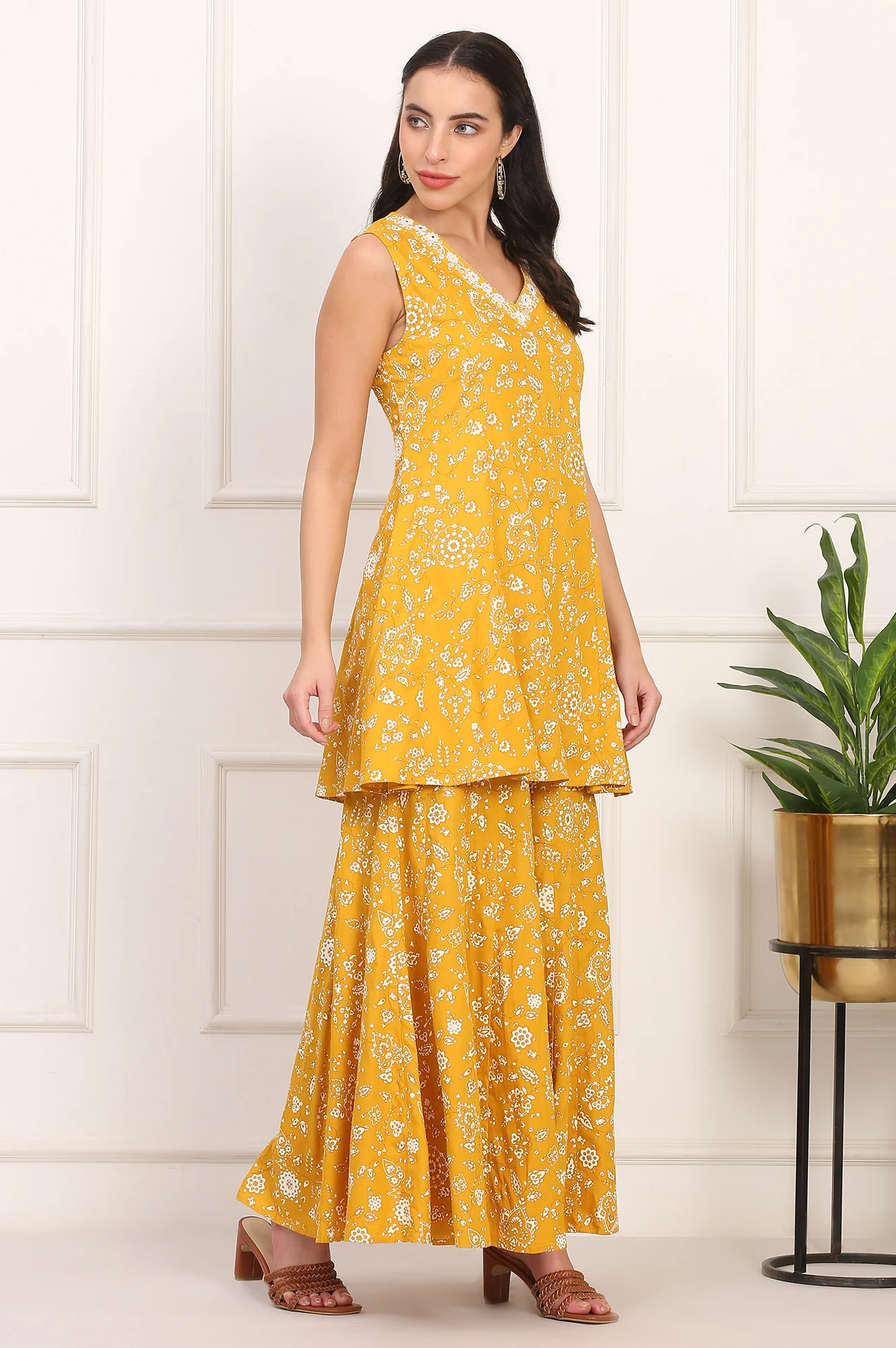 Mango Yellow Floral Printed Embroidered Neck Flared Kurta, Sharara and Dupatta Set - Image 6
