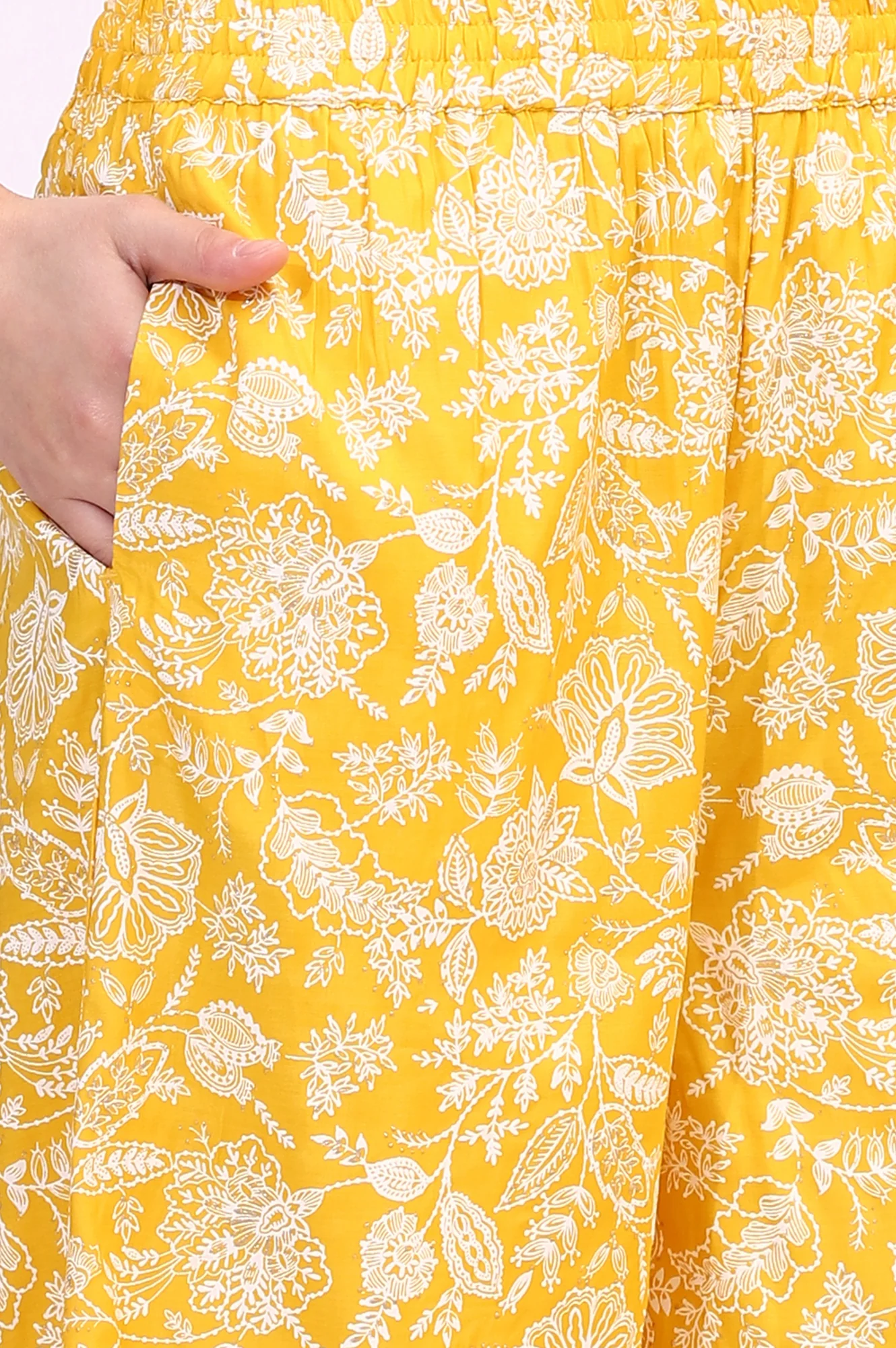 Mango Yellow Floral Printed Shantung A-line Kurta, Printed Parallel Pants and Dupatta Set - Image 10