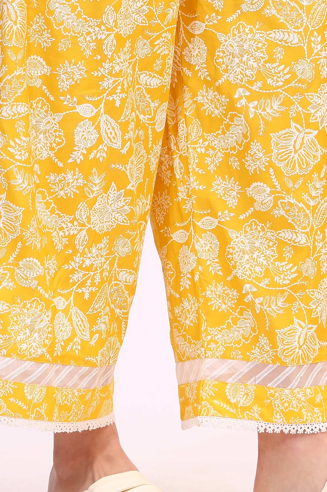 Mango Yellow Floral Printed Shantung A-line Kurta, Printed Parallel Pants and Dupatta Set - Image 11