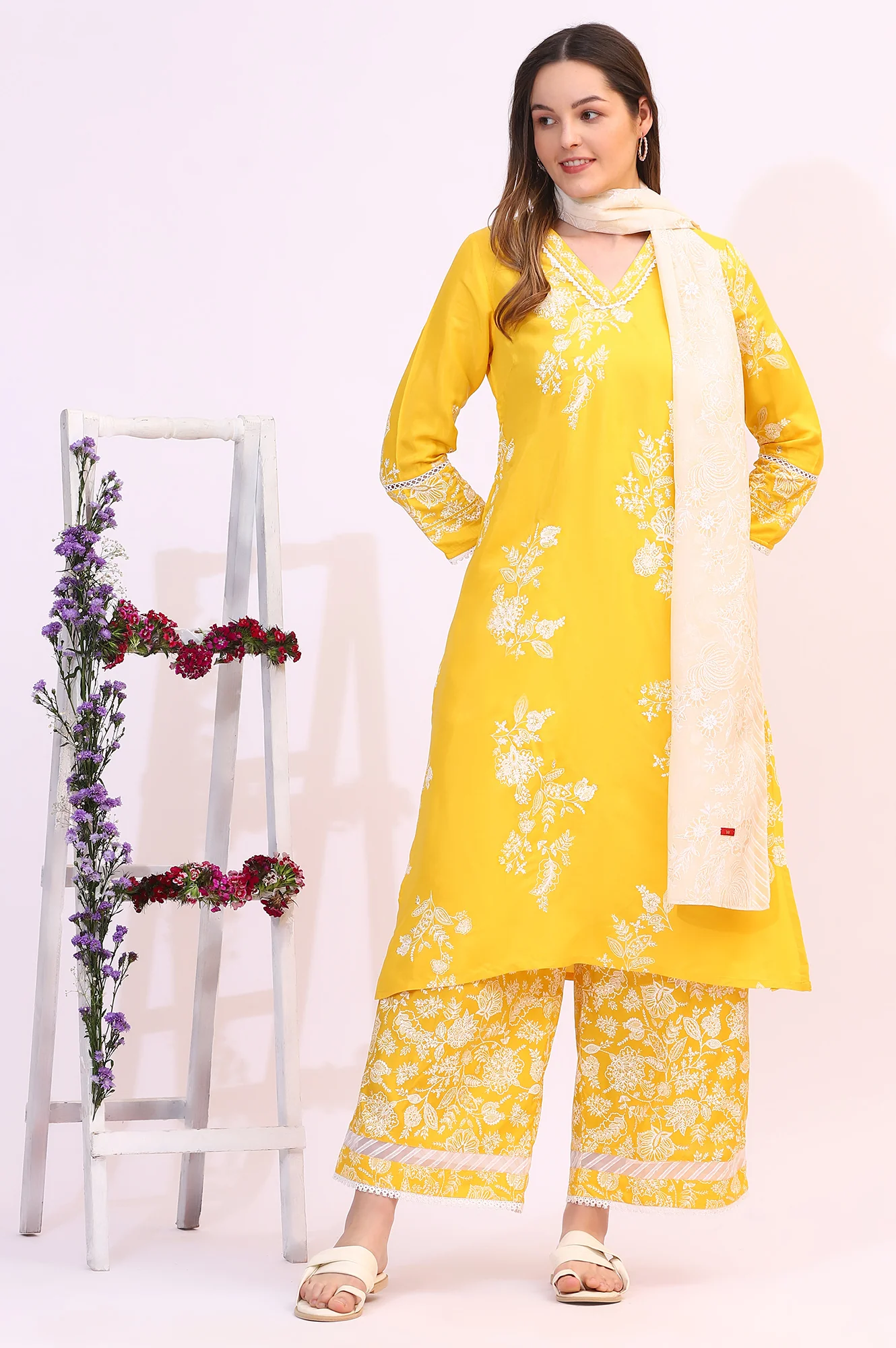 Mango Yellow Floral Printed Shantung A-line Kurta, Printed Parallel Pants and Dupatta Set - Image 2