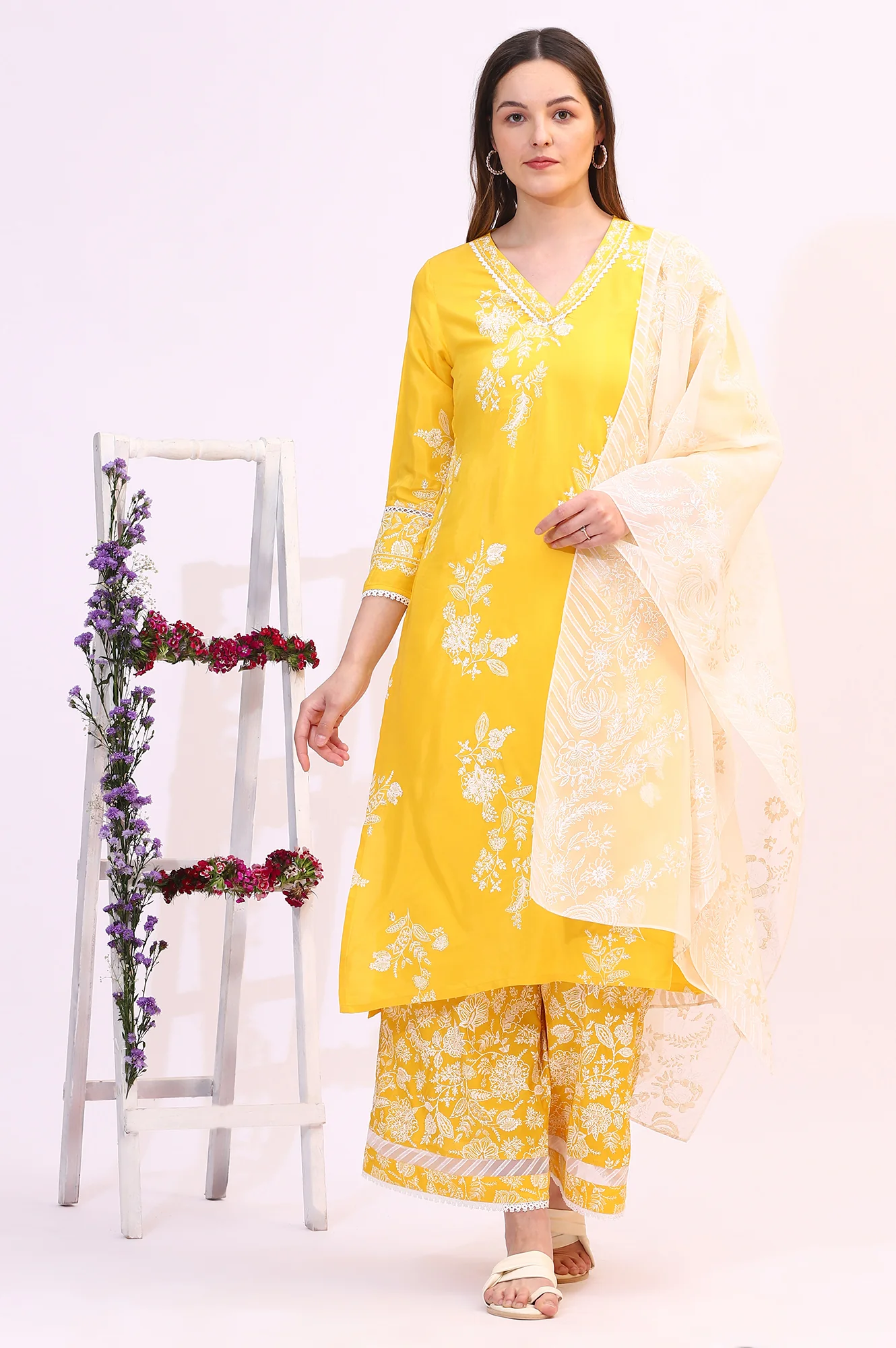 Mango Yellow Floral Printed Shantung A-line Kurta, Printed Parallel Pants and Dupatta Set - Image 3