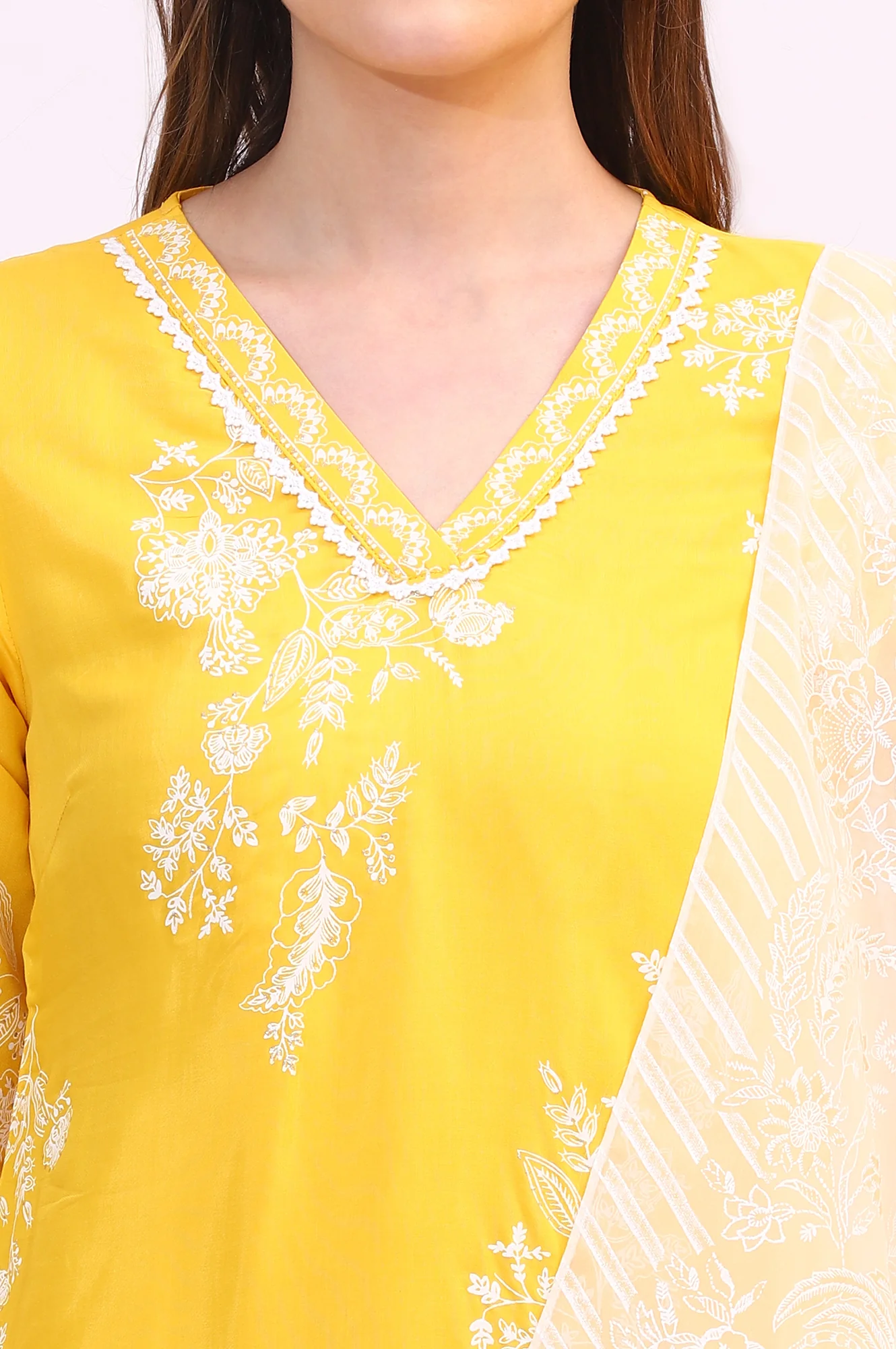 Mango Yellow Floral Printed Shantung A-line Kurta, Printed Parallel Pants and Dupatta Set - Image 4