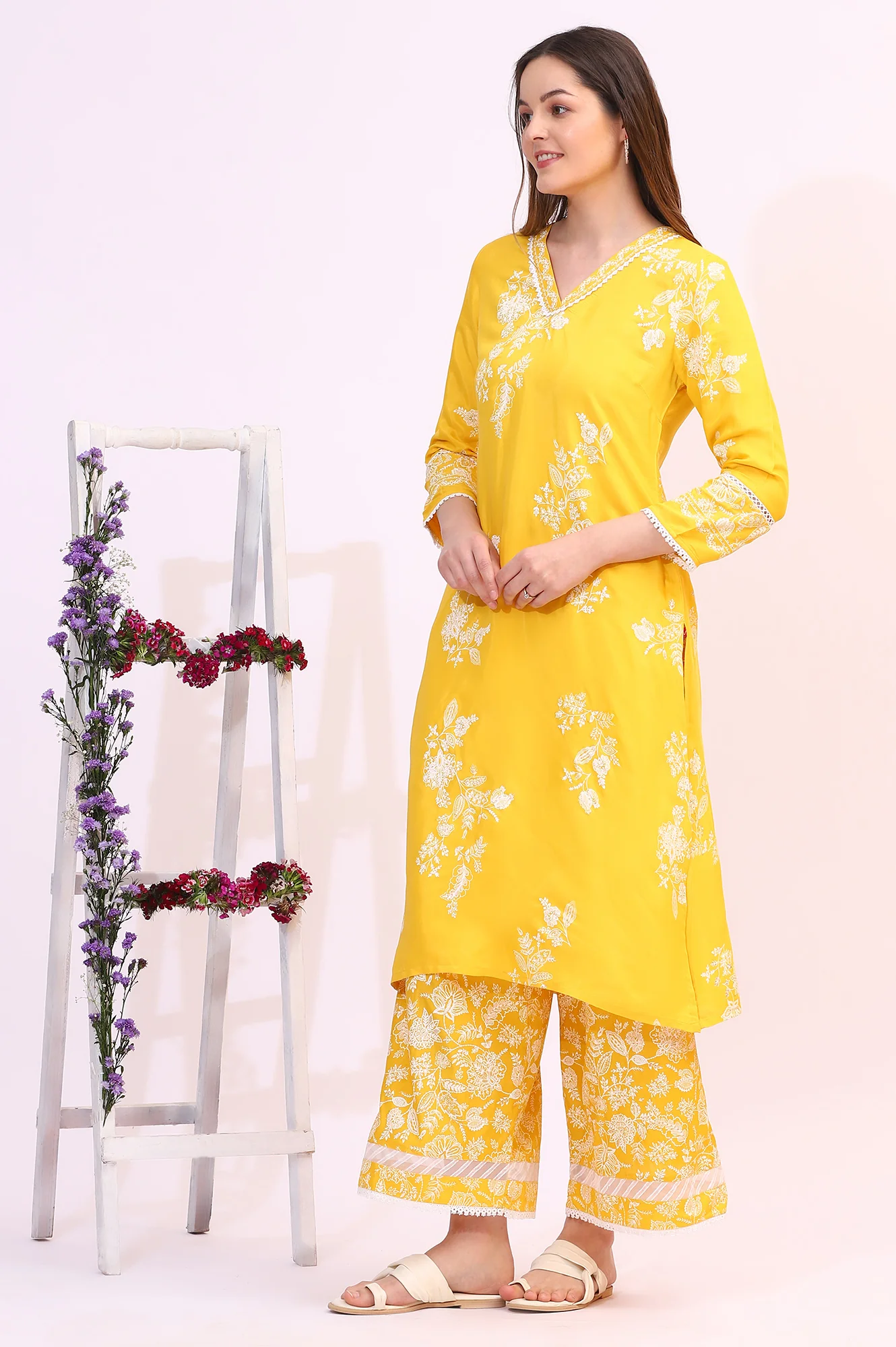 Mango Yellow Floral Printed Shantung A-line Kurta, Printed Parallel Pants and Dupatta Set - Image 5