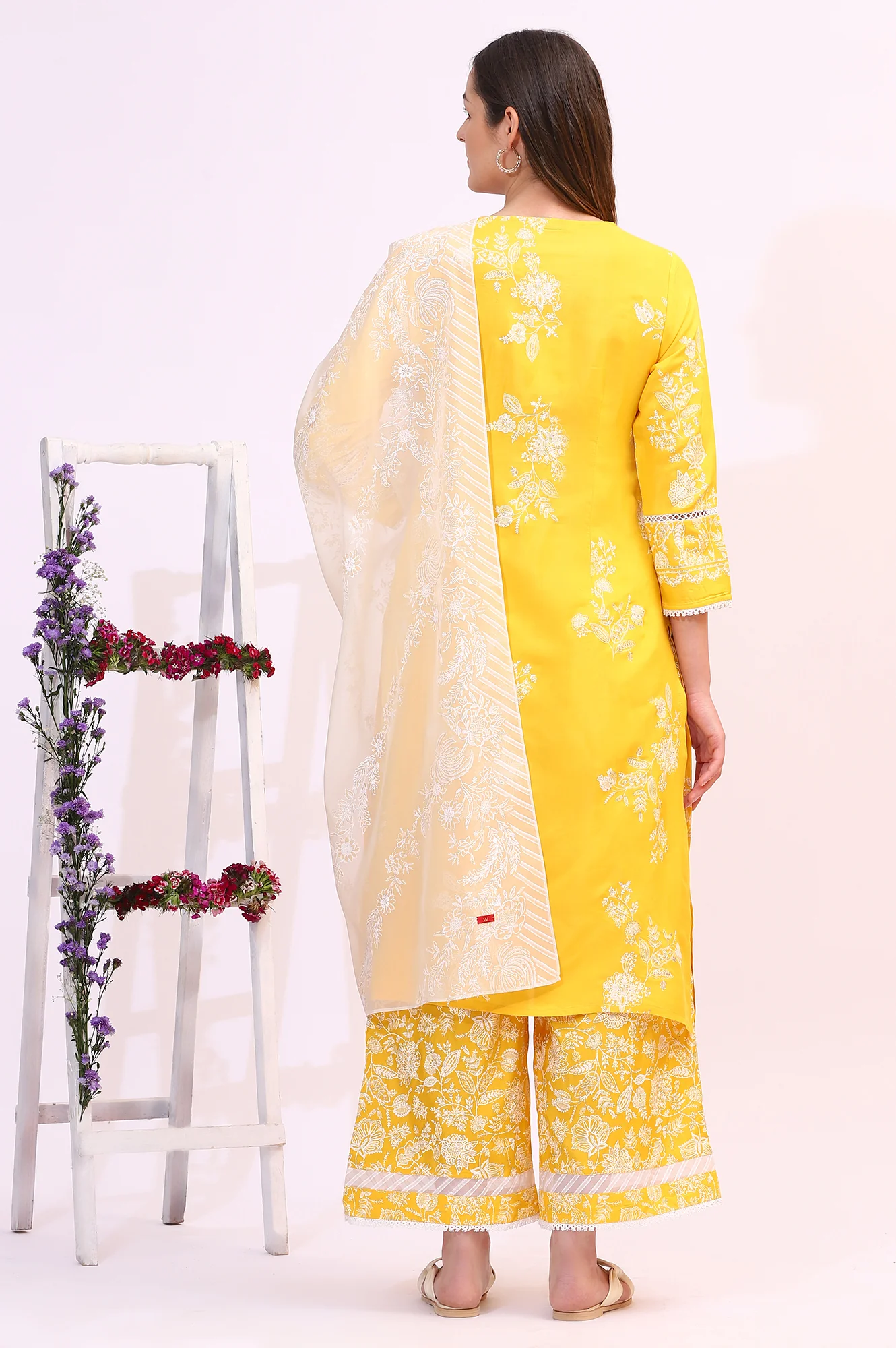 Mango Yellow Floral Printed Shantung A-line Kurta, Printed Parallel Pants and Dupatta Set - Image 6