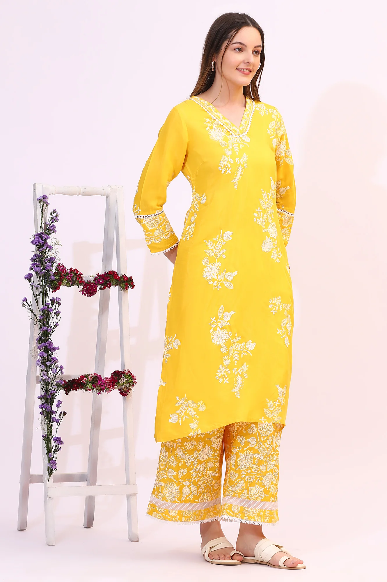 Mango Yellow Floral Printed Shantung A-line Kurta, Printed Parallel Pants and Dupatta Set - Image 7