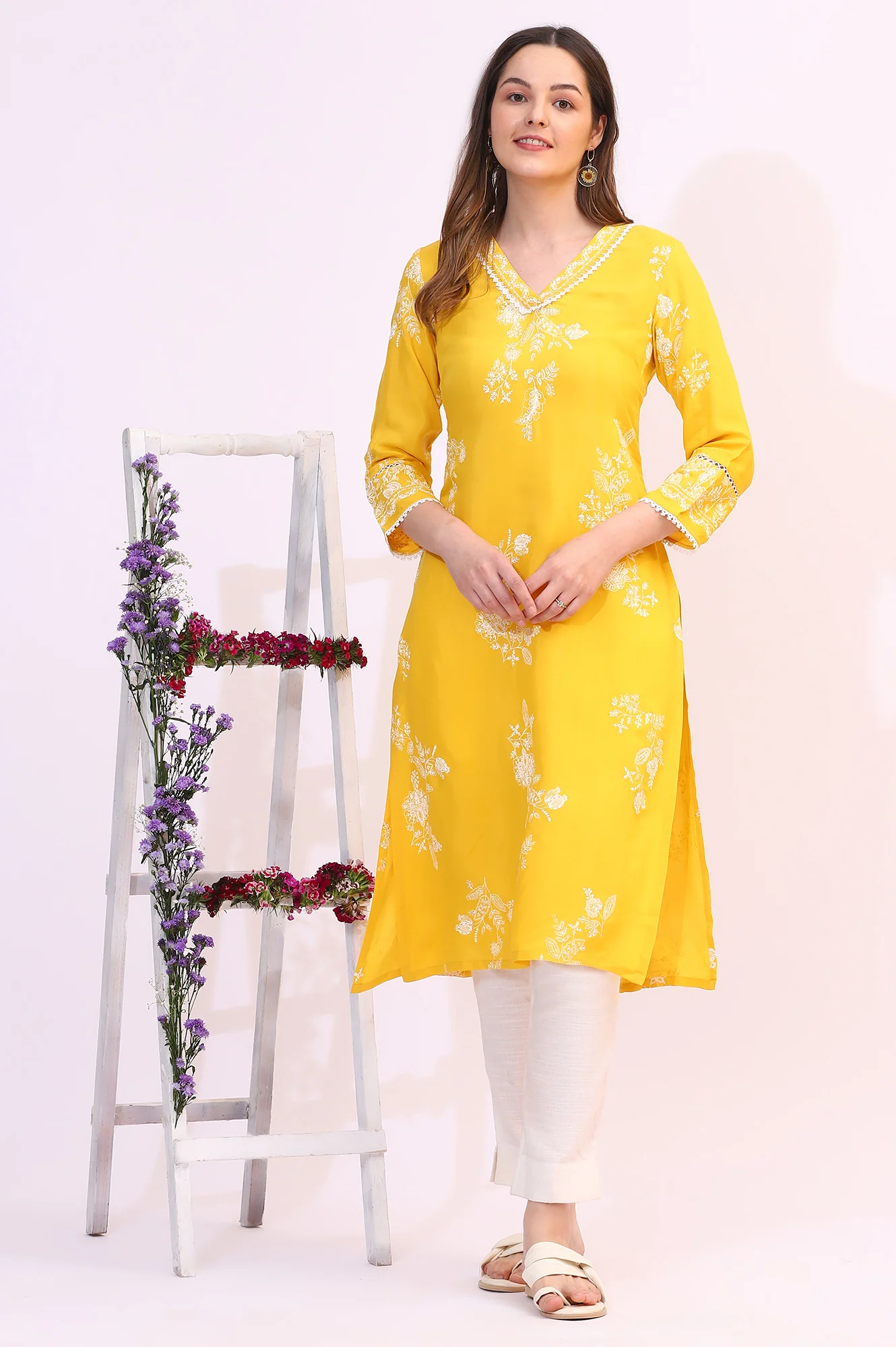 Mango Yellow Floral Printed Shantung A-line Kurta - Image 3