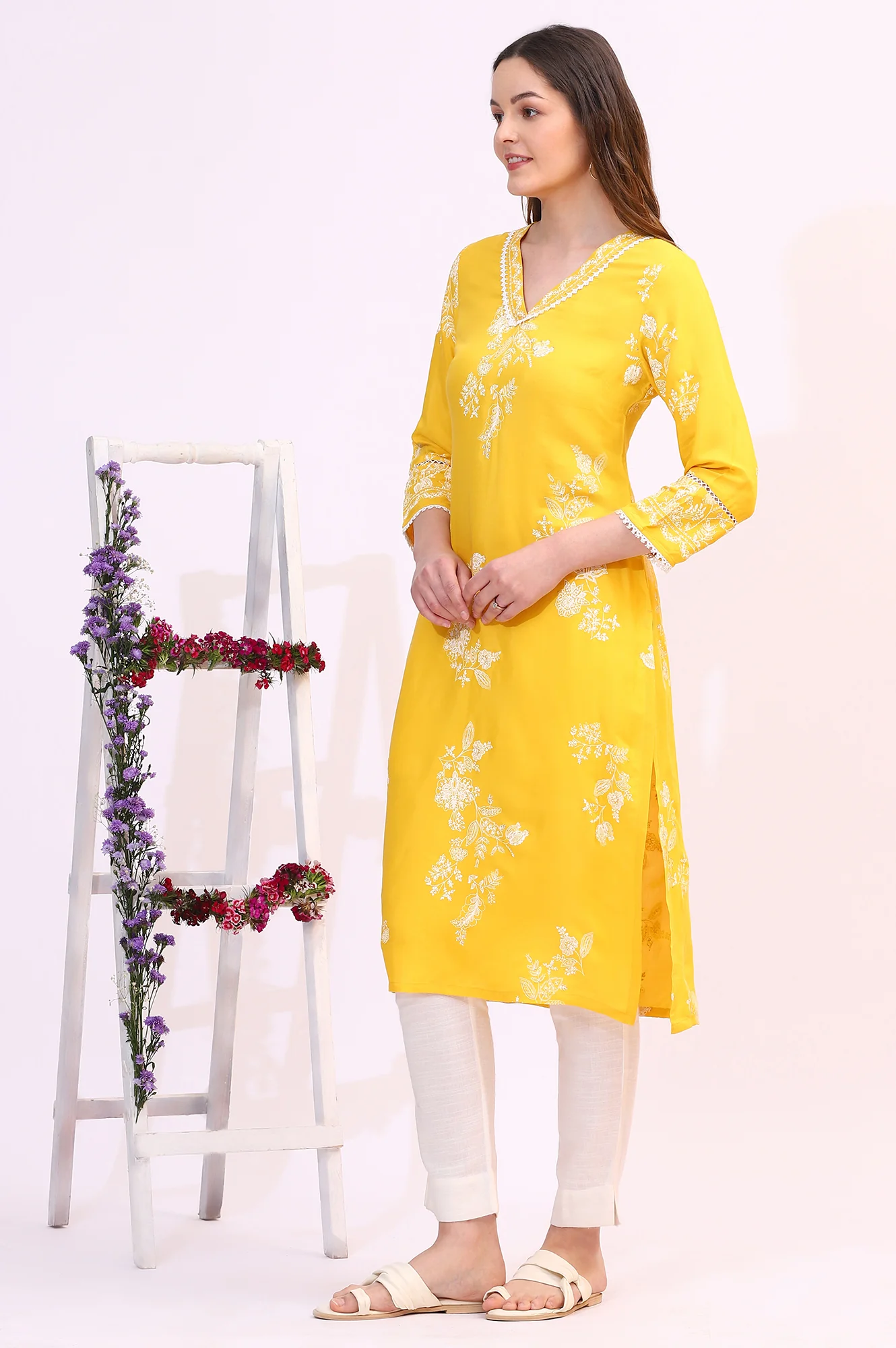 Mango Yellow Floral Printed Shantung A-line Kurta - Image 5