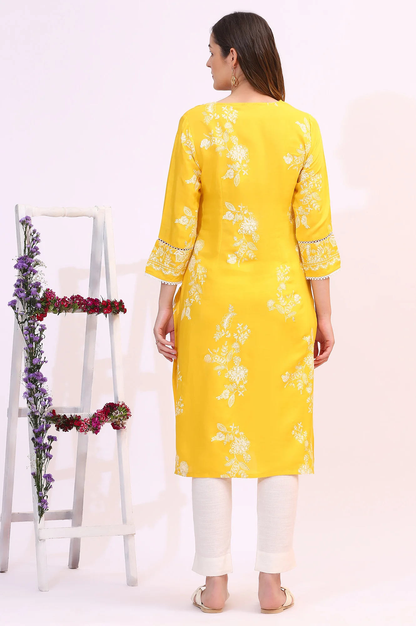 Mango Yellow Floral Printed Shantung A-line Kurta - Image 6