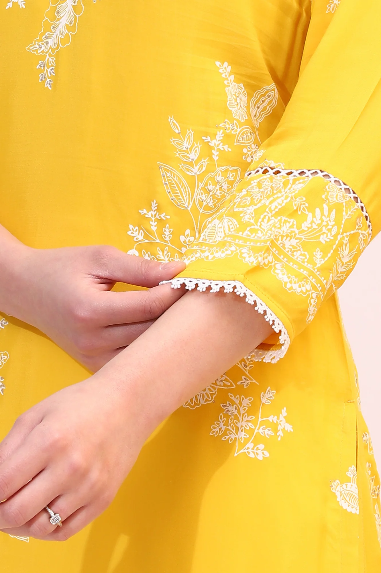 Mango Yellow Floral Printed Shantung A-line Kurta - Image 8