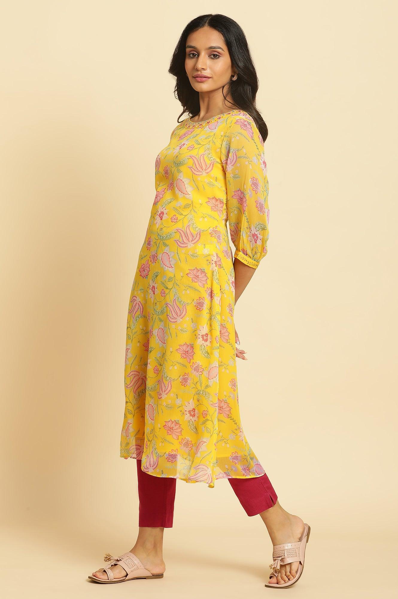 Marigold Yellow Floral Printed Kurta - Image 2