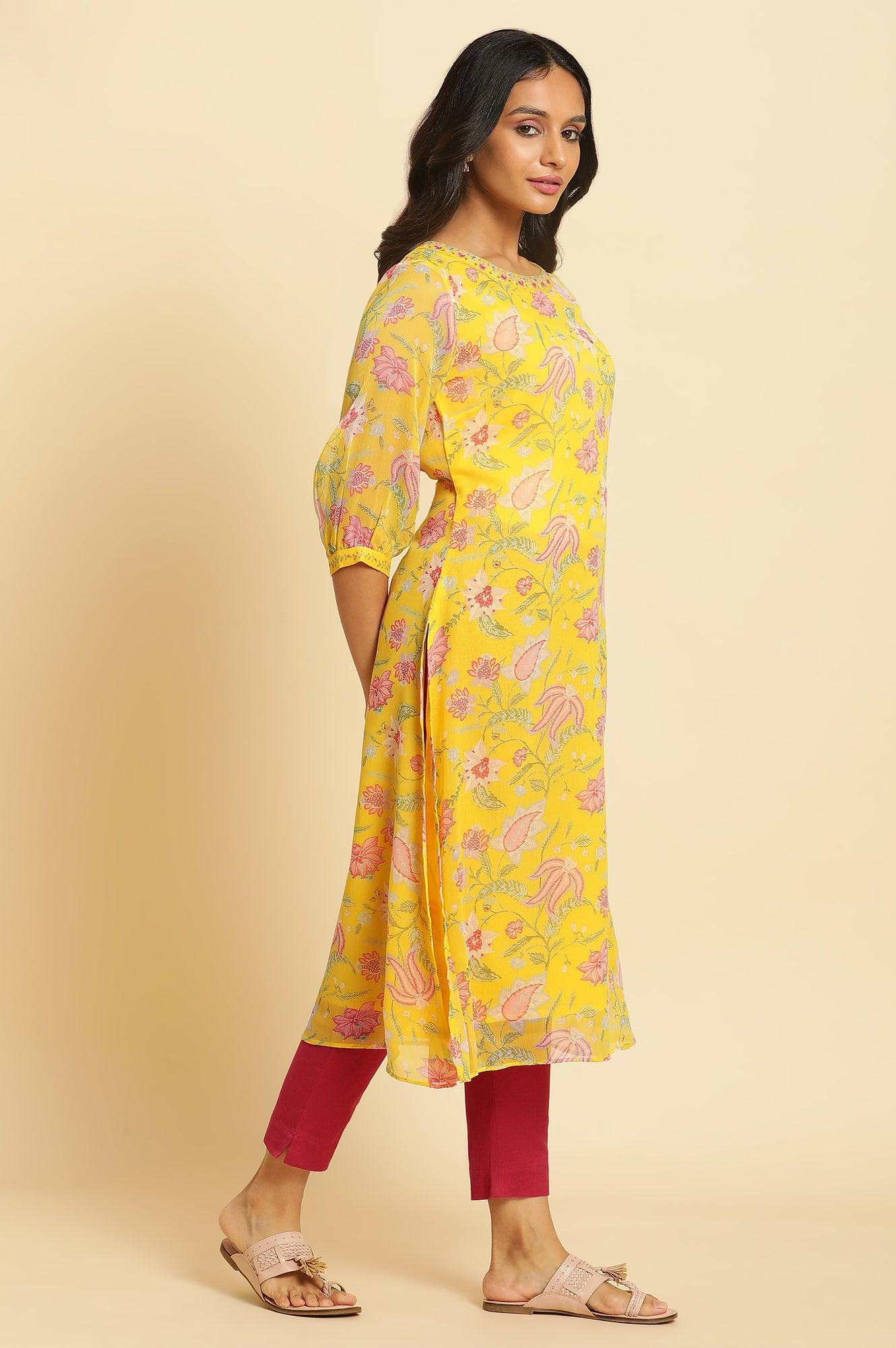 Marigold Yellow Floral Printed Kurta - Image 4