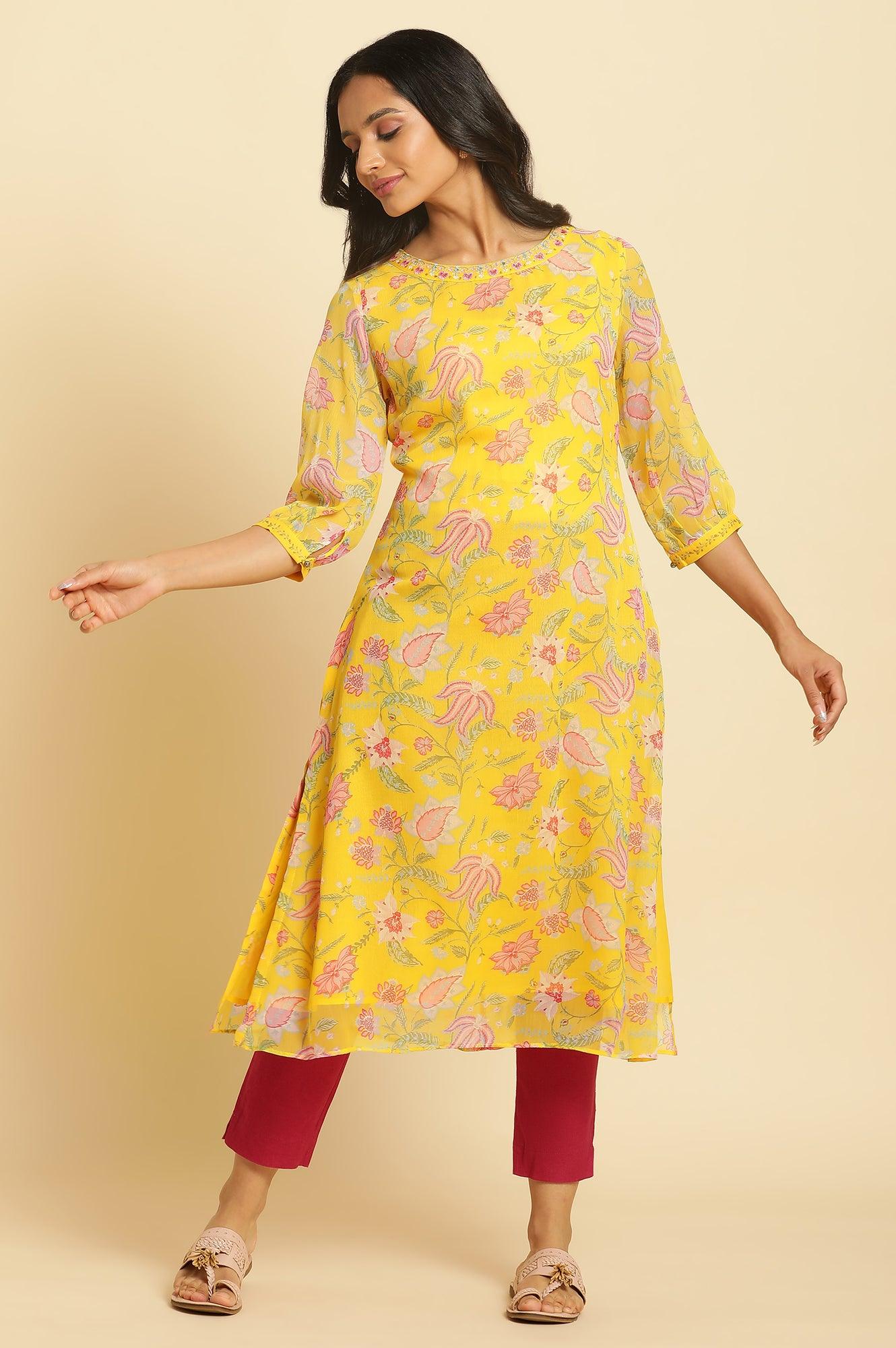 Marigold Yellow Floral Printed Kurta - Image 5