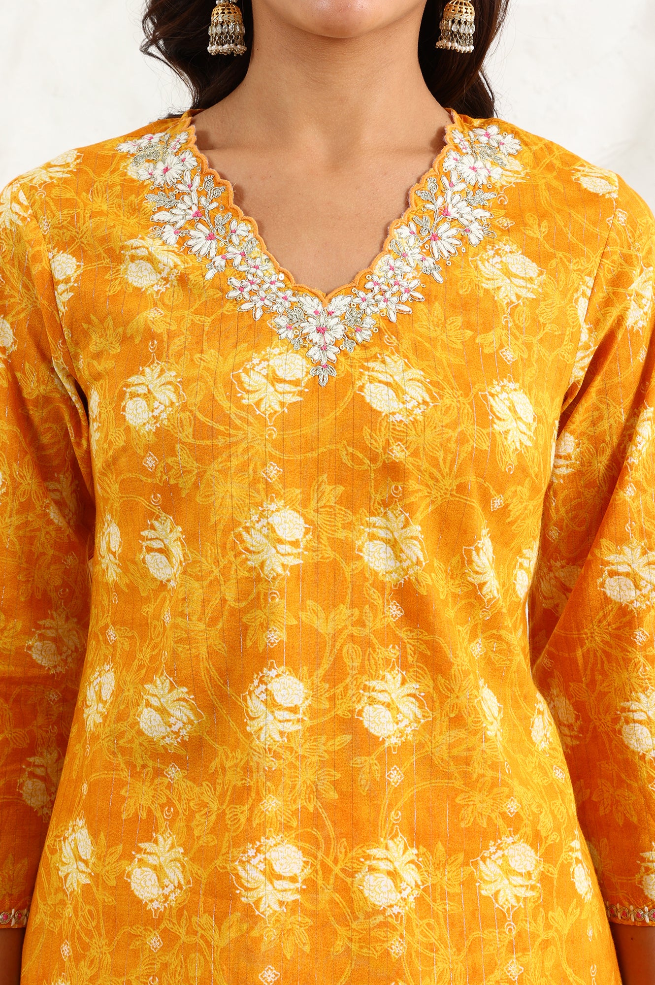 Marigold Yellow Floral Printed Metallic Embroidered Neck Cotton Blend Straight Kurta - Image 3