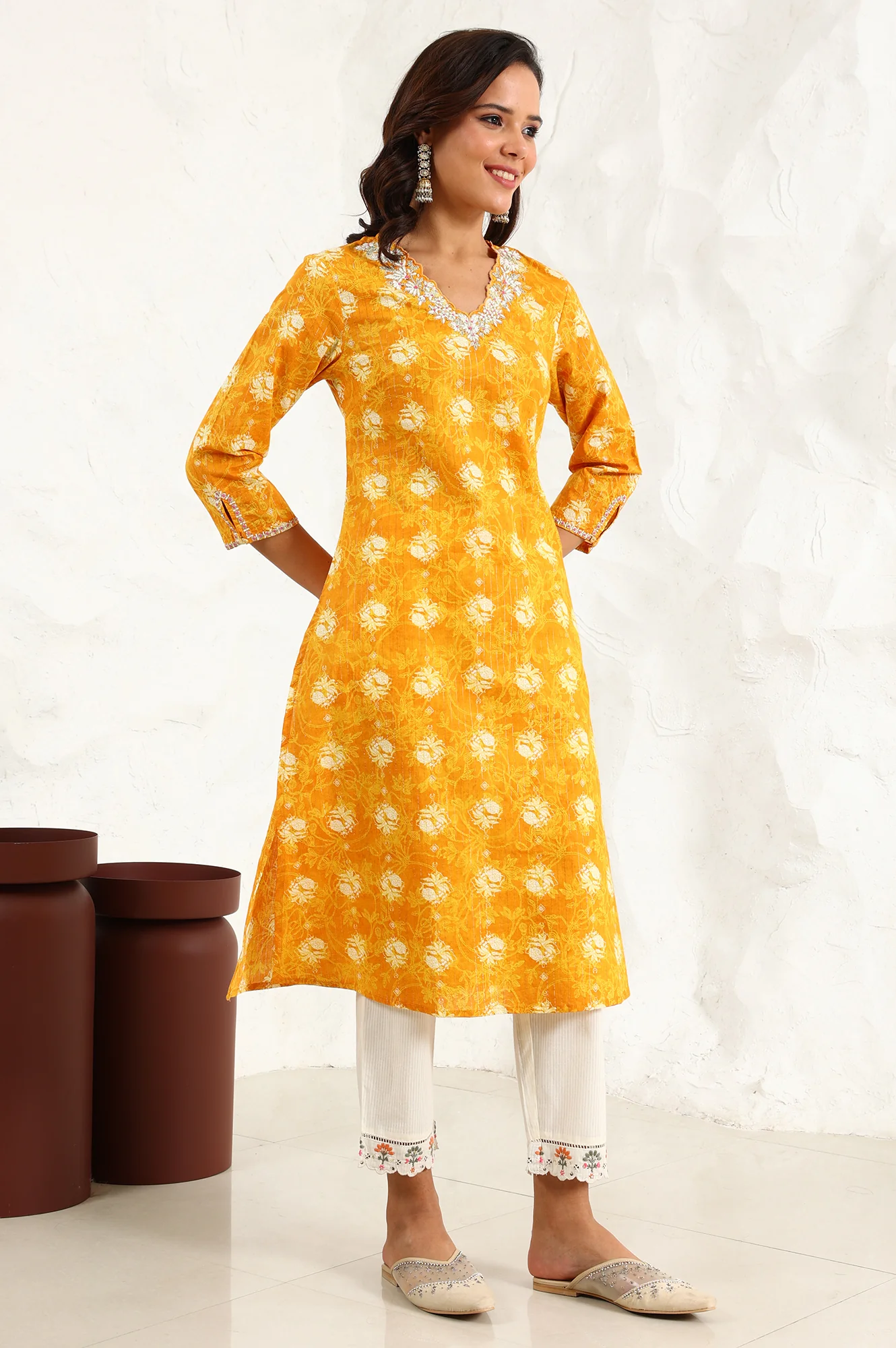 Marigold Yellow Floral Printed Metallic Embroidered Neck Cotton Blend Straight Kurta - Image 6