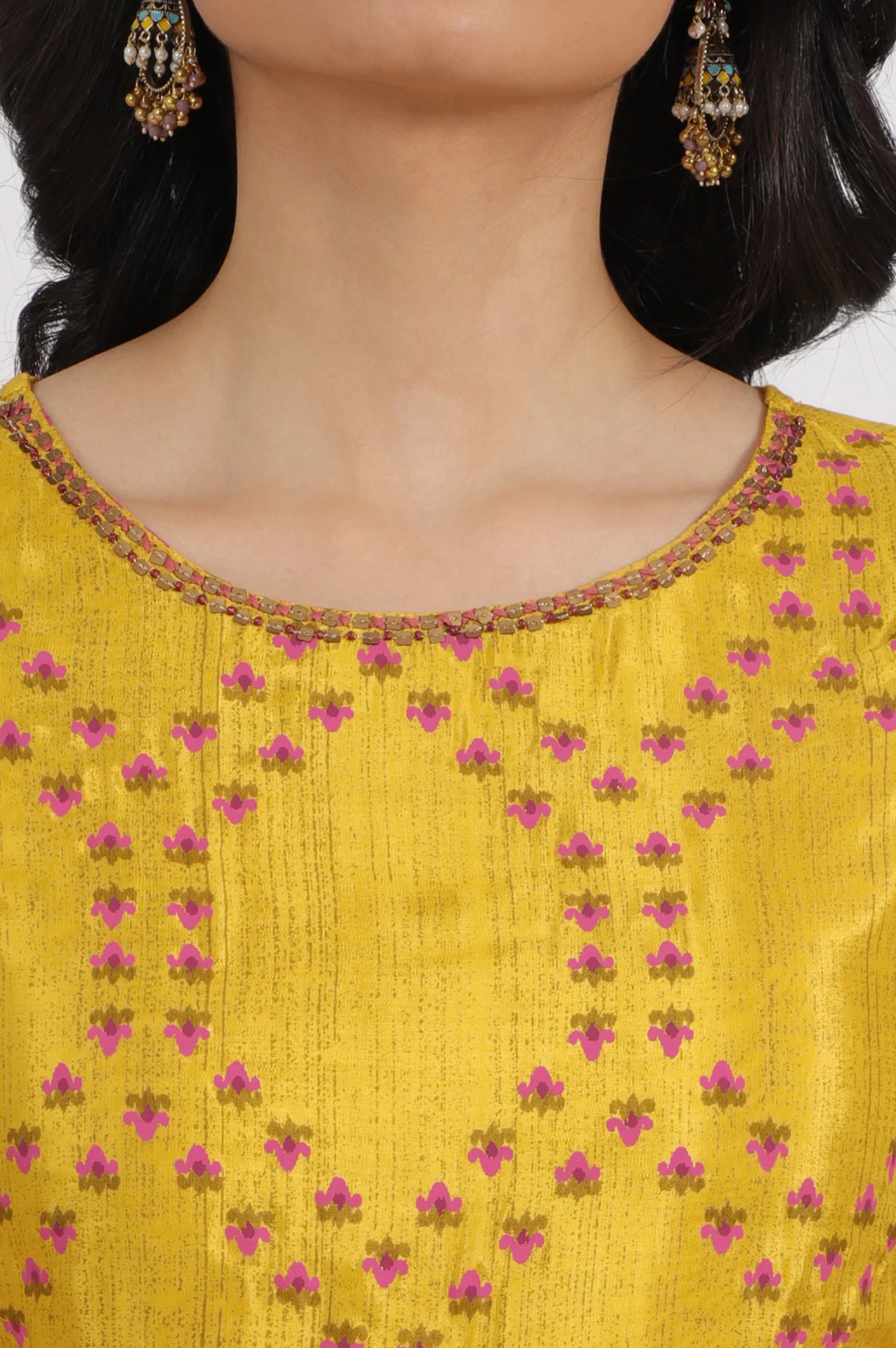 Marigold Yellow Floral Printed Straight Shantung Kurta - Image 2